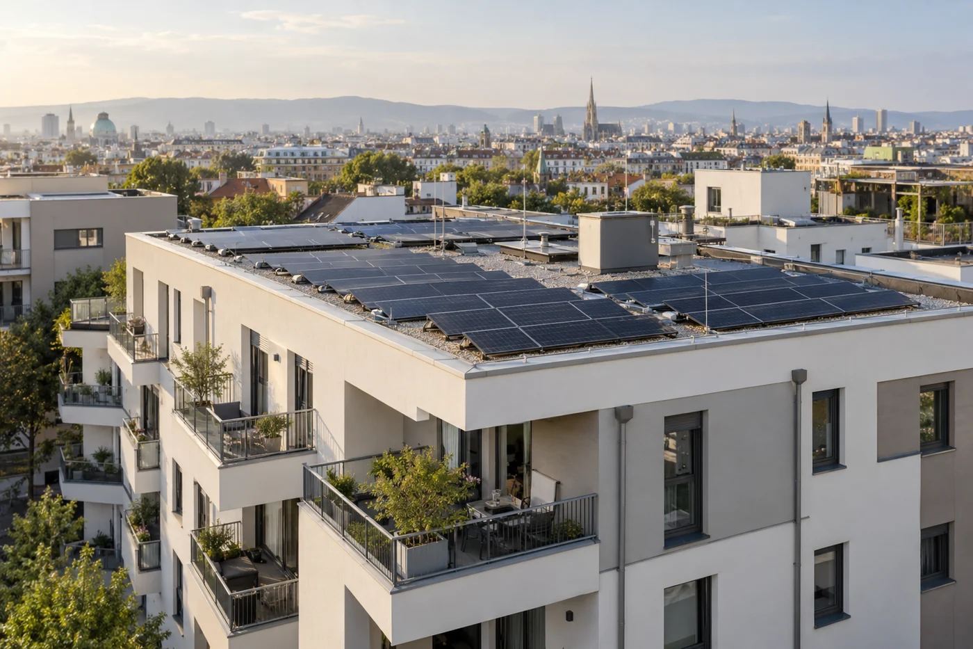 Solaranlage auf dem Dach eines städtischen Mehrparteienhauses