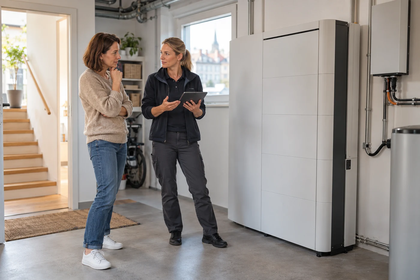 Zwei Personen besprechen einen Batteriespeicher im Technikraum