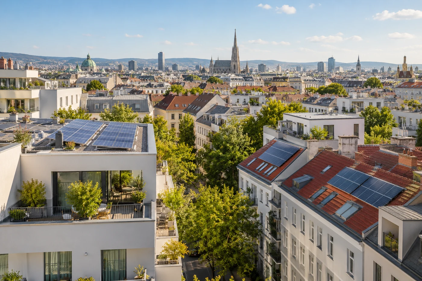 Modernes Stadtquartier mit mehreren Solardächern