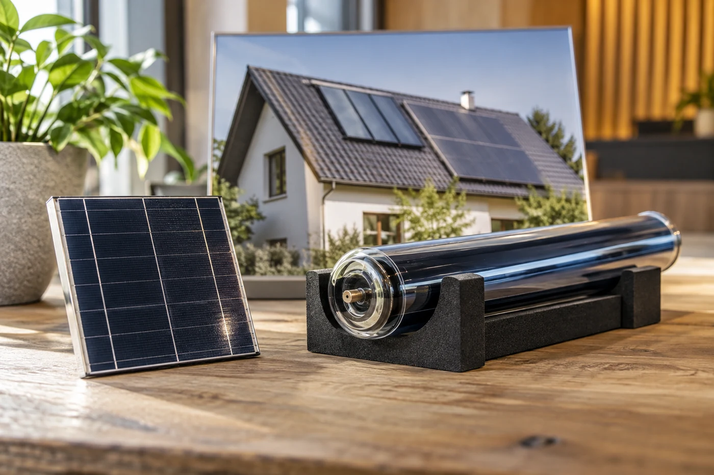 Solarzellenmuster und Wärmekollektormuster auf einer Werkbank