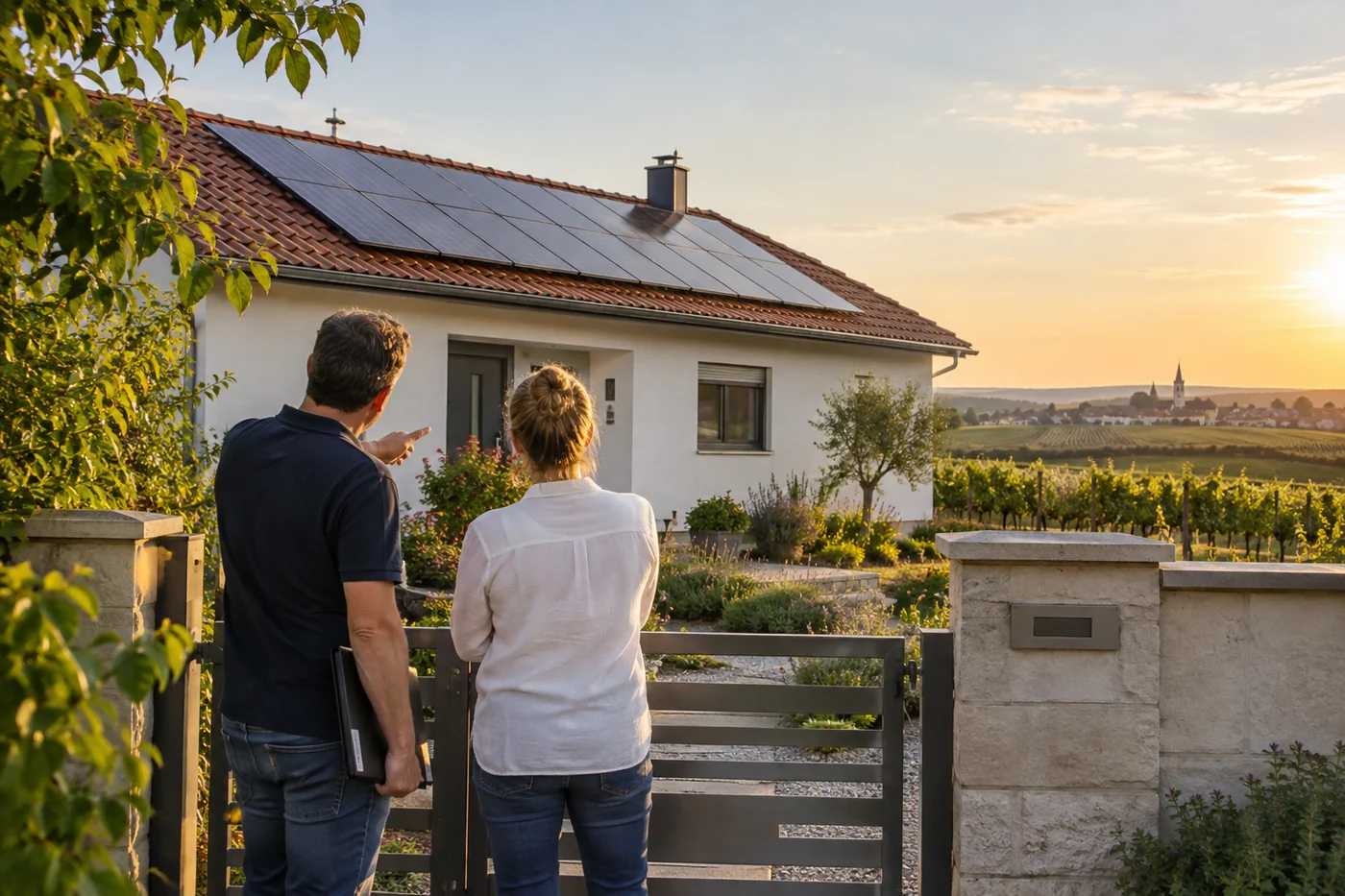 Hausbesitzer betrachten ein Solardach im Burgenland
