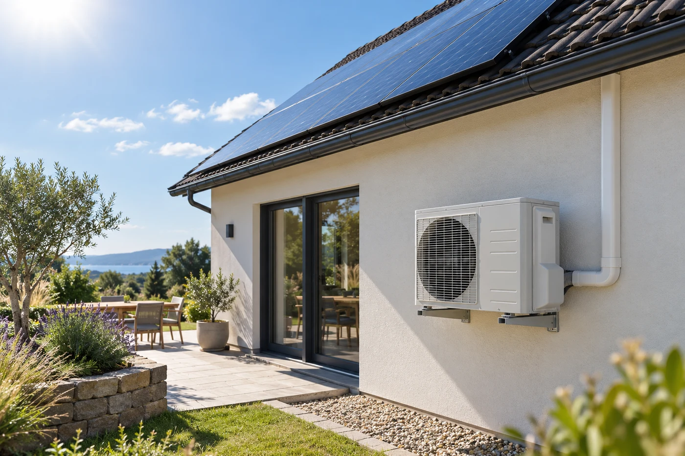 Klimaanlagen-Außengerät neben einem Haus mit Solardach