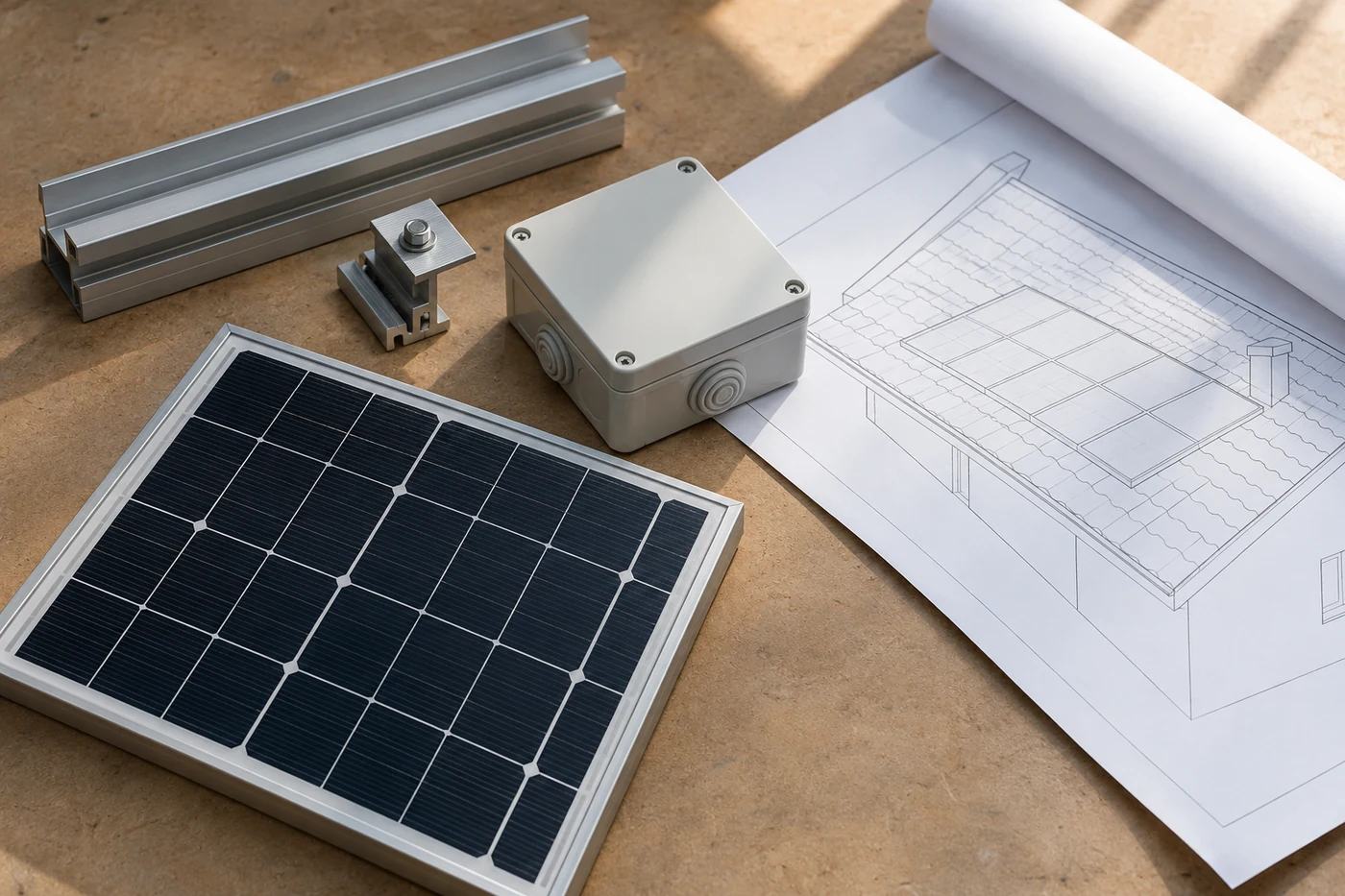 Solarmuster, Montageschiene und ein gerollter Dachentwurf auf einer Werkbank.