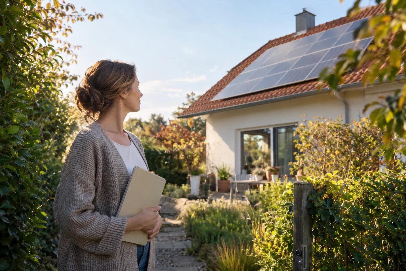 Eine Frau hält eine geschlossene Mappe vor einem Wohnhaus mit Solarmodulen auf dem Dach.