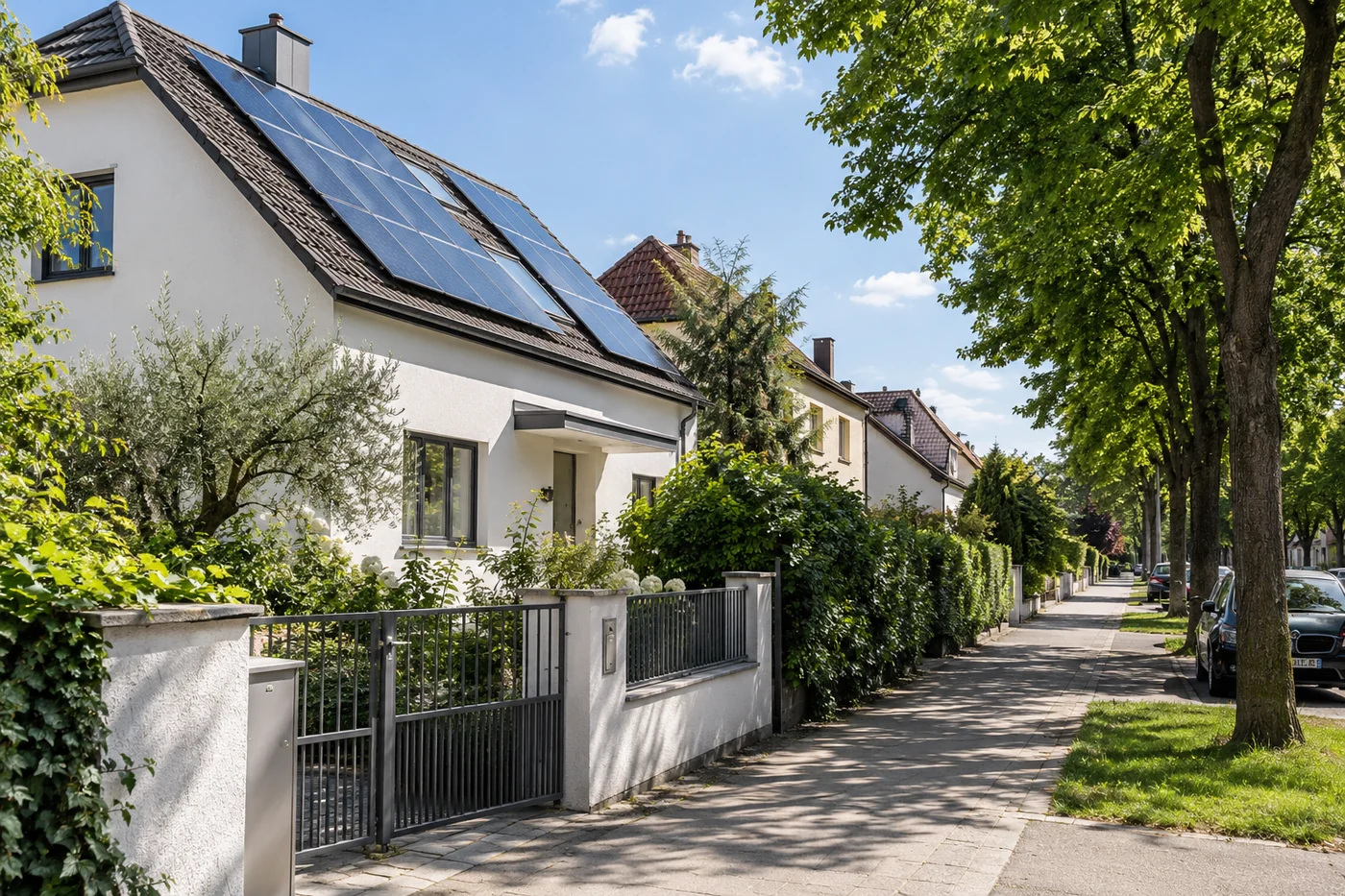 Solarmodule auf einem Stadthaus in einer grünen Wohngegend