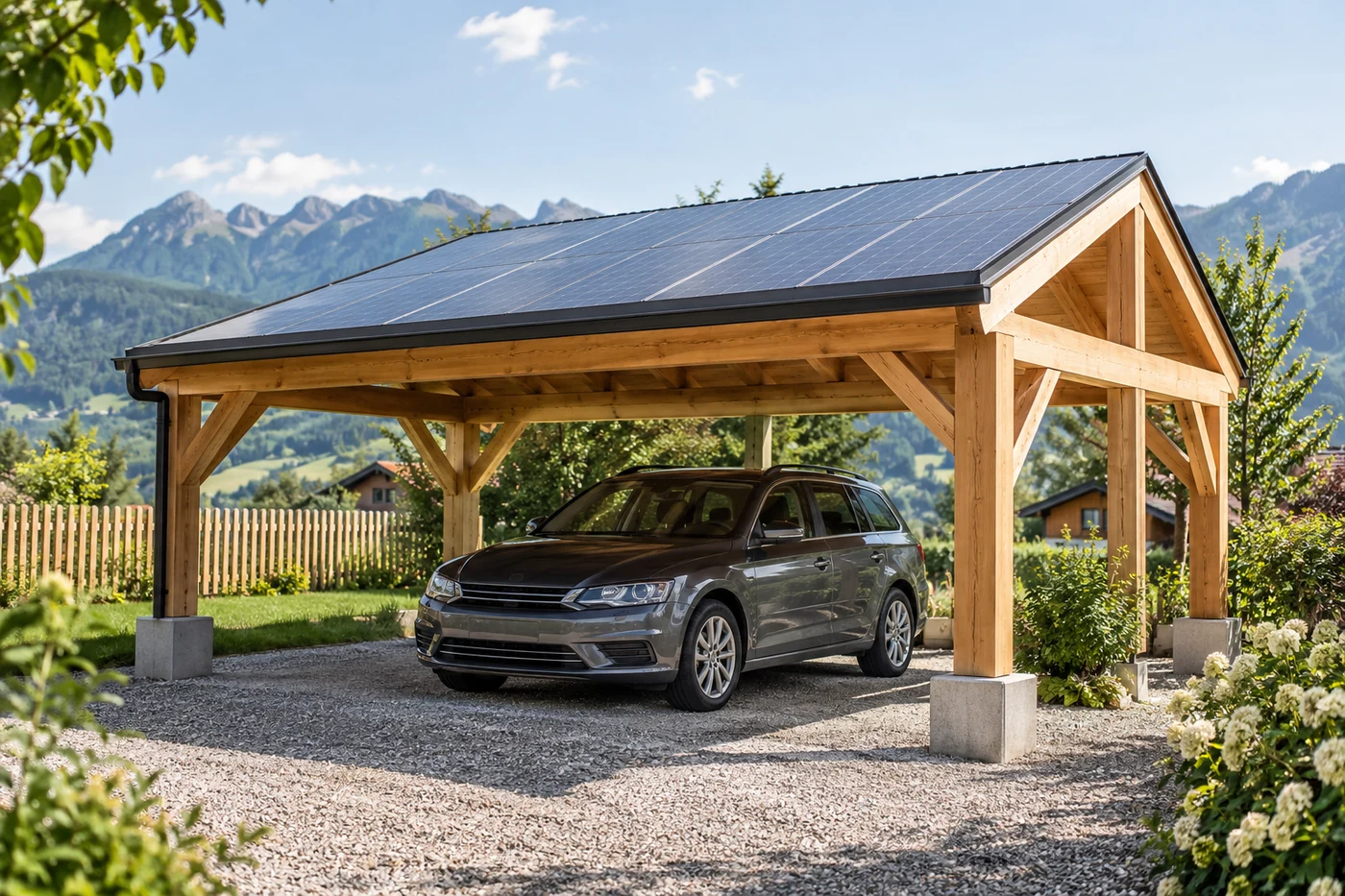 Solarcarport mit Holzstützen vor einem Wohnhaus