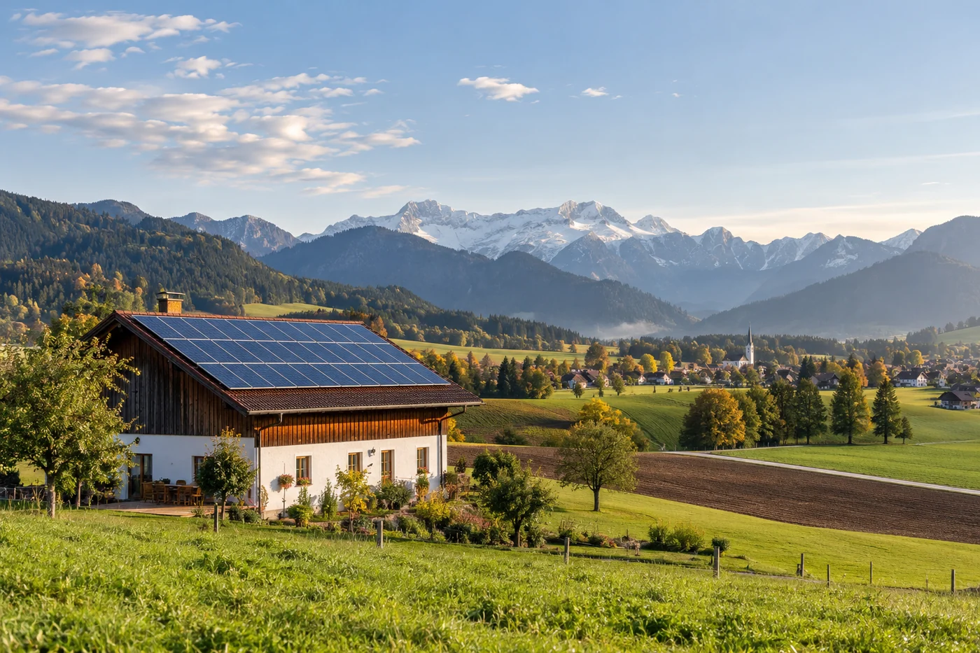 Photovoltaikanlage vor Feldern und österreichischen Bergen