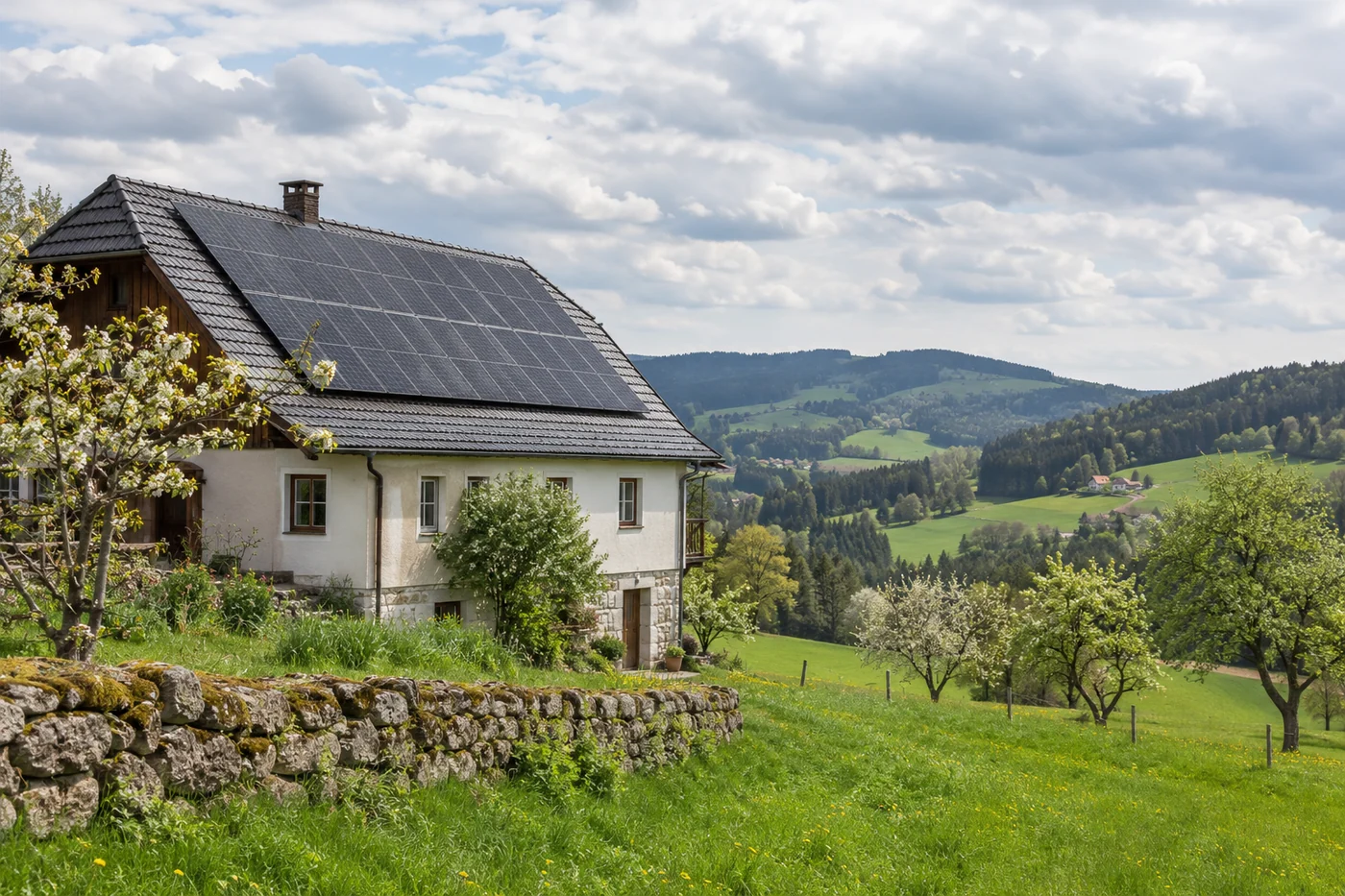 Solardach eines Hauses in einer Mühlviertler Hügellandschaft