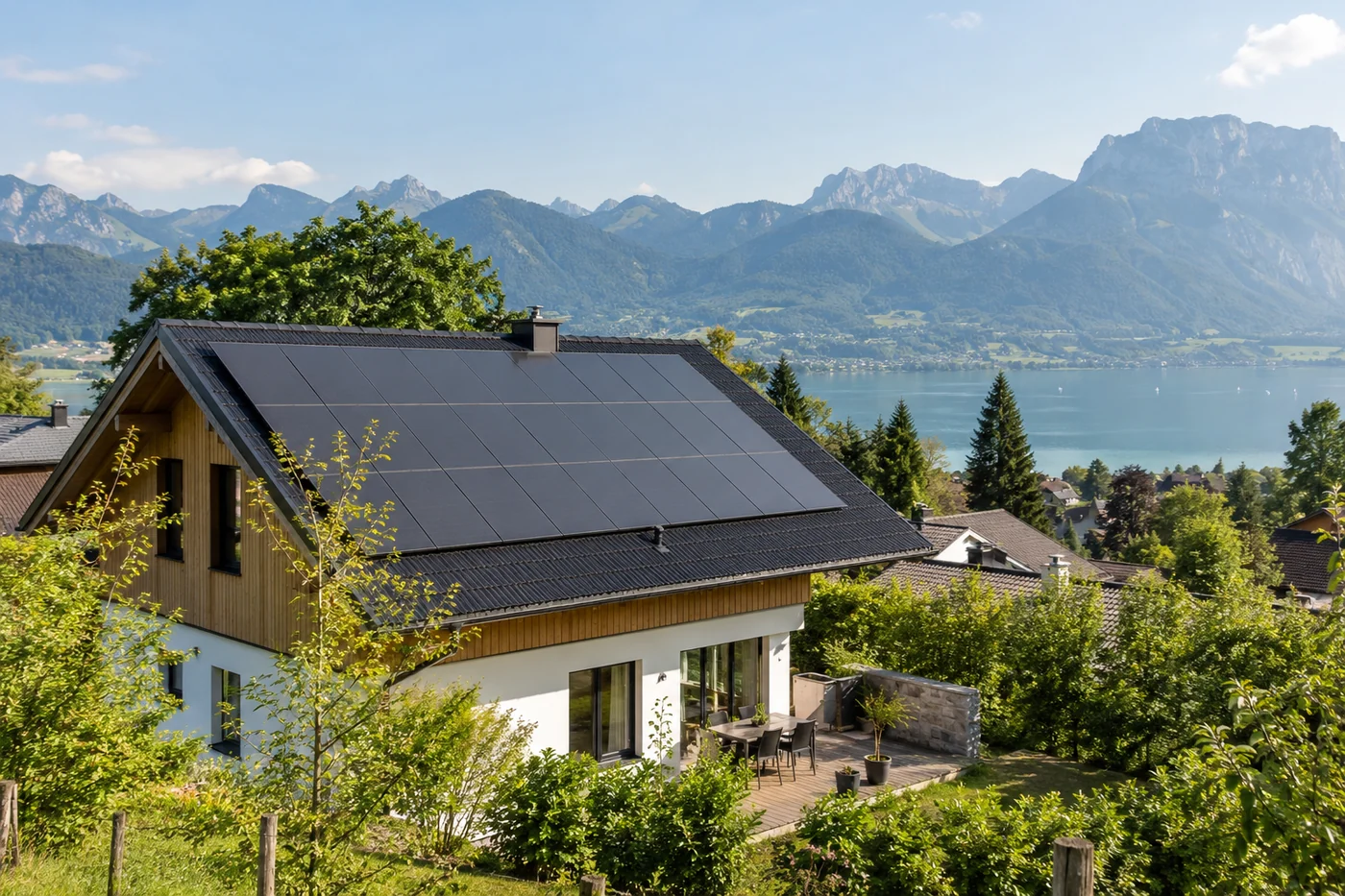 Solardach eines Hauses vor einer See- und Berglandschaft