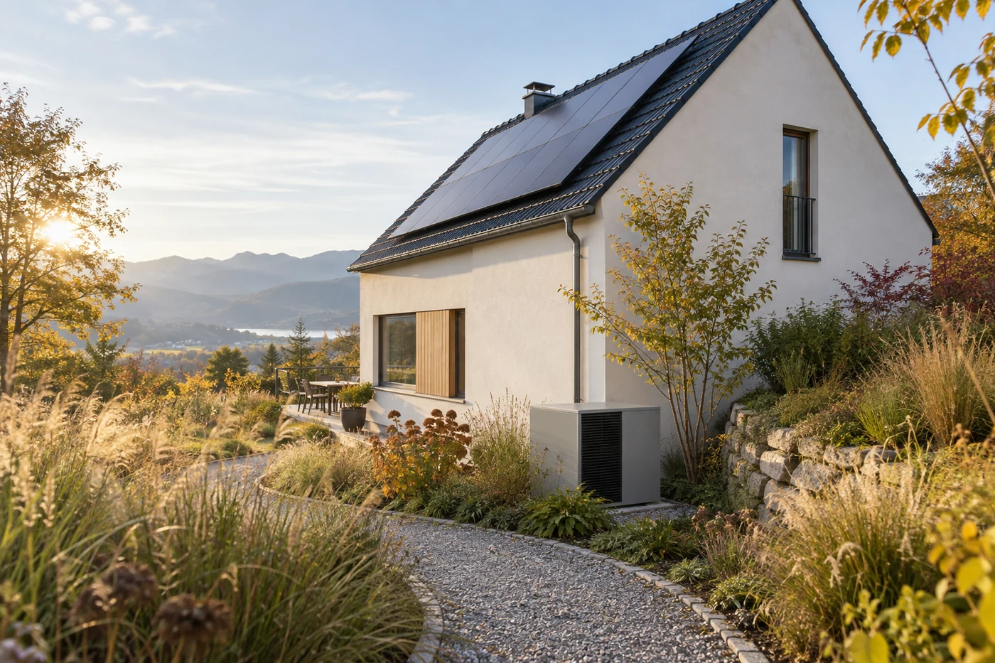 Haus mit Solarmodulen und einer außen aufgestellten Wärmepumpe an einem Gartenweg.