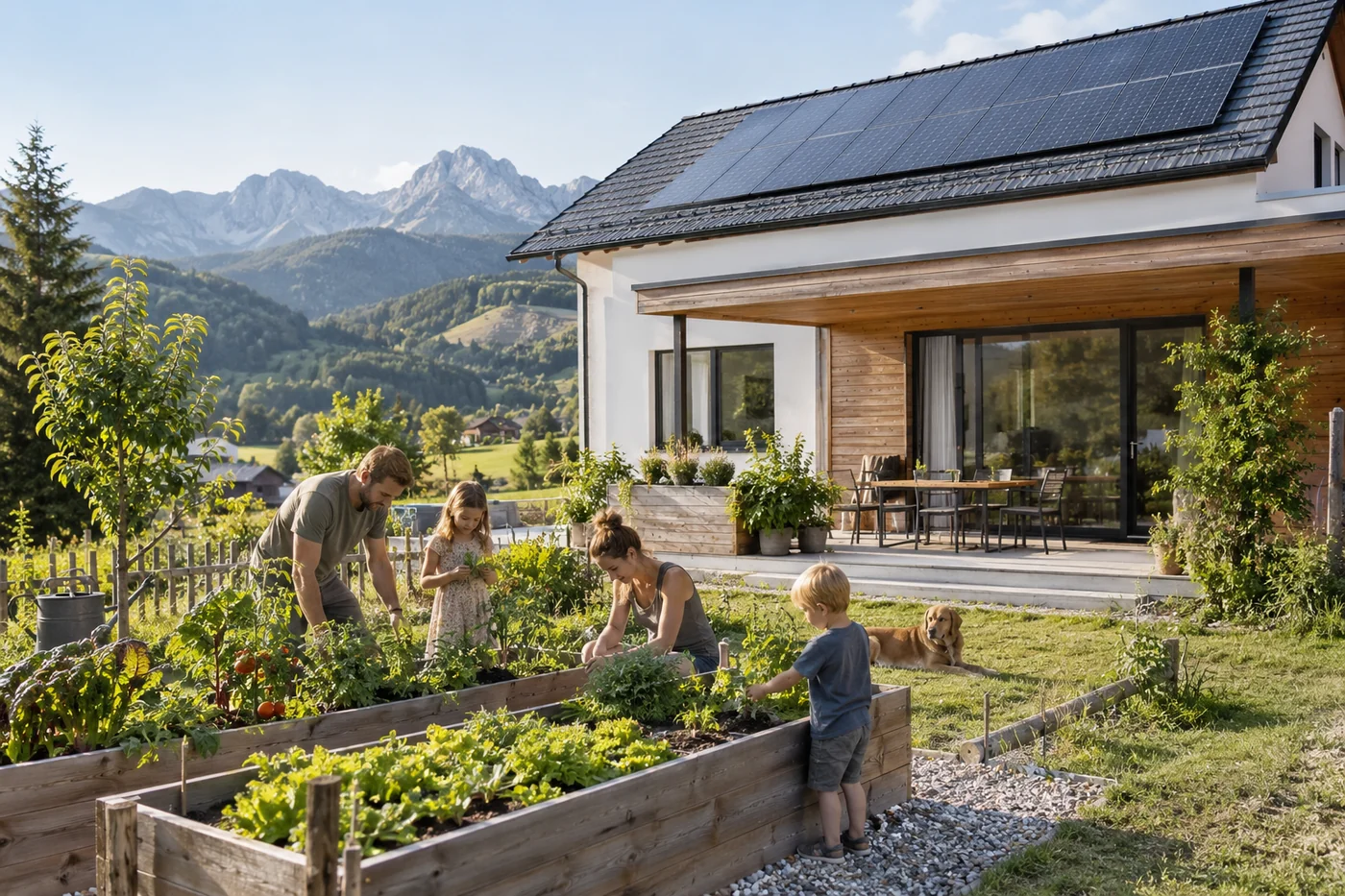 Familie im Garten vor einem Haus mit Photovoltaik