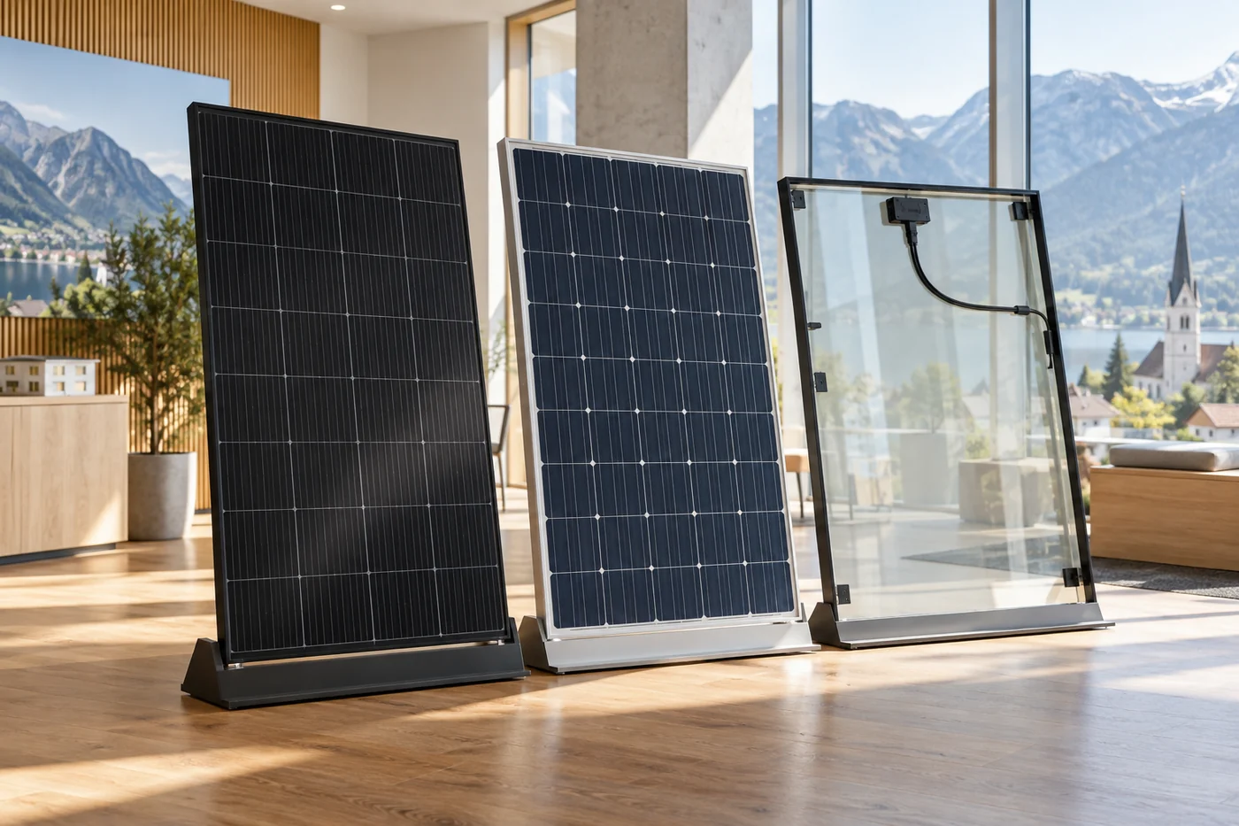 Verschiedene Solarmodulmuster in einem Ausstellungsraum