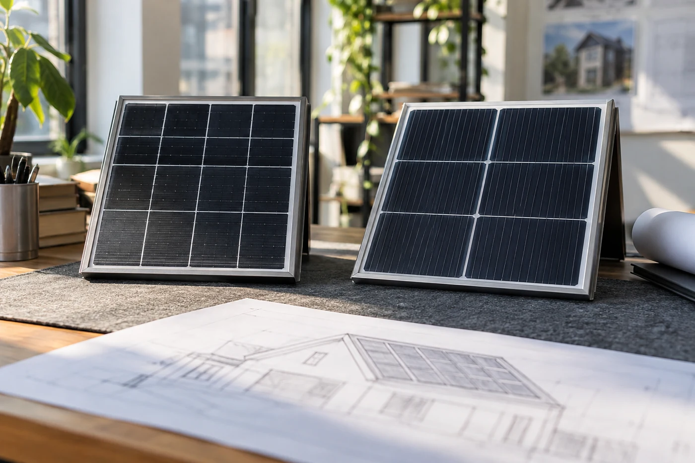 Zwei Solarmodulmuster vor einem Dachplan
