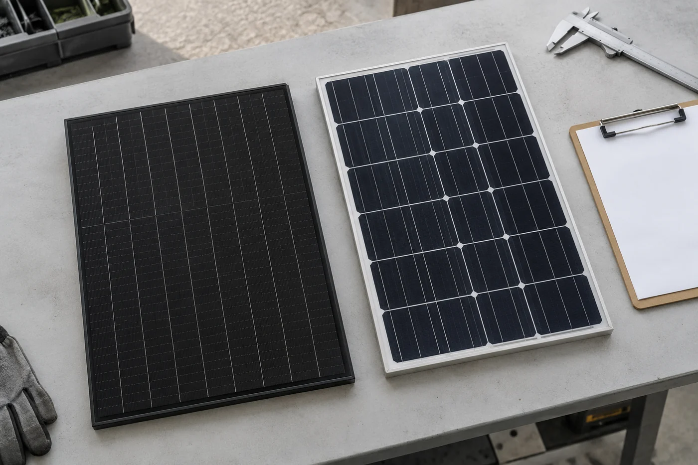 Zwei Solarmodulmuster auf einem Werkstatttisch