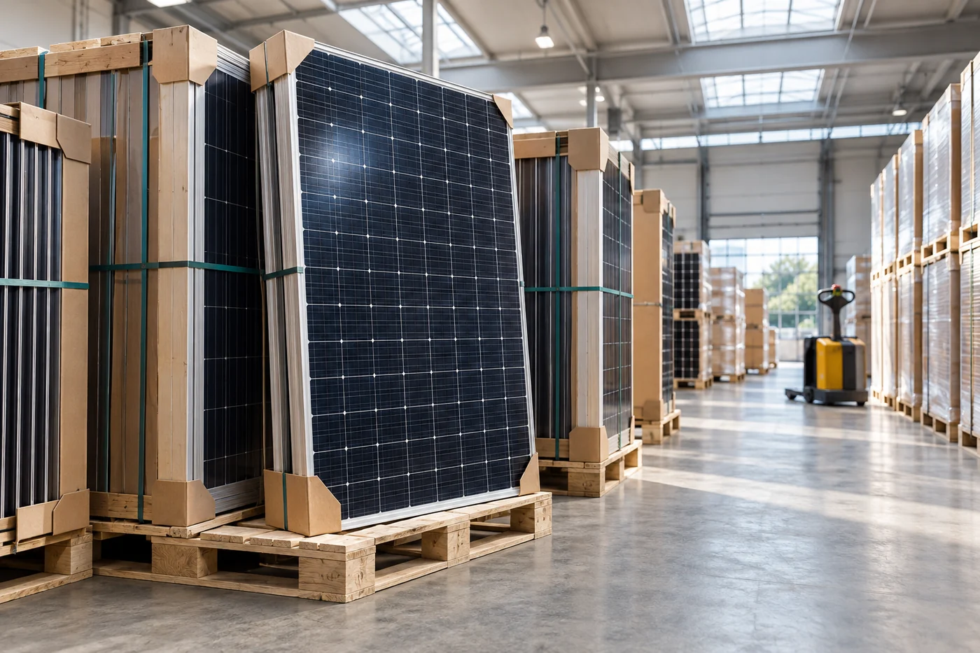 Verpackte Solarmodule in einer sauberen Lagerhalle