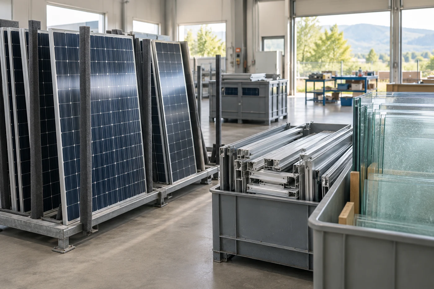 Solarmodule, Aluminiumrahmen und Glasscheiben in einem Sortierbereich