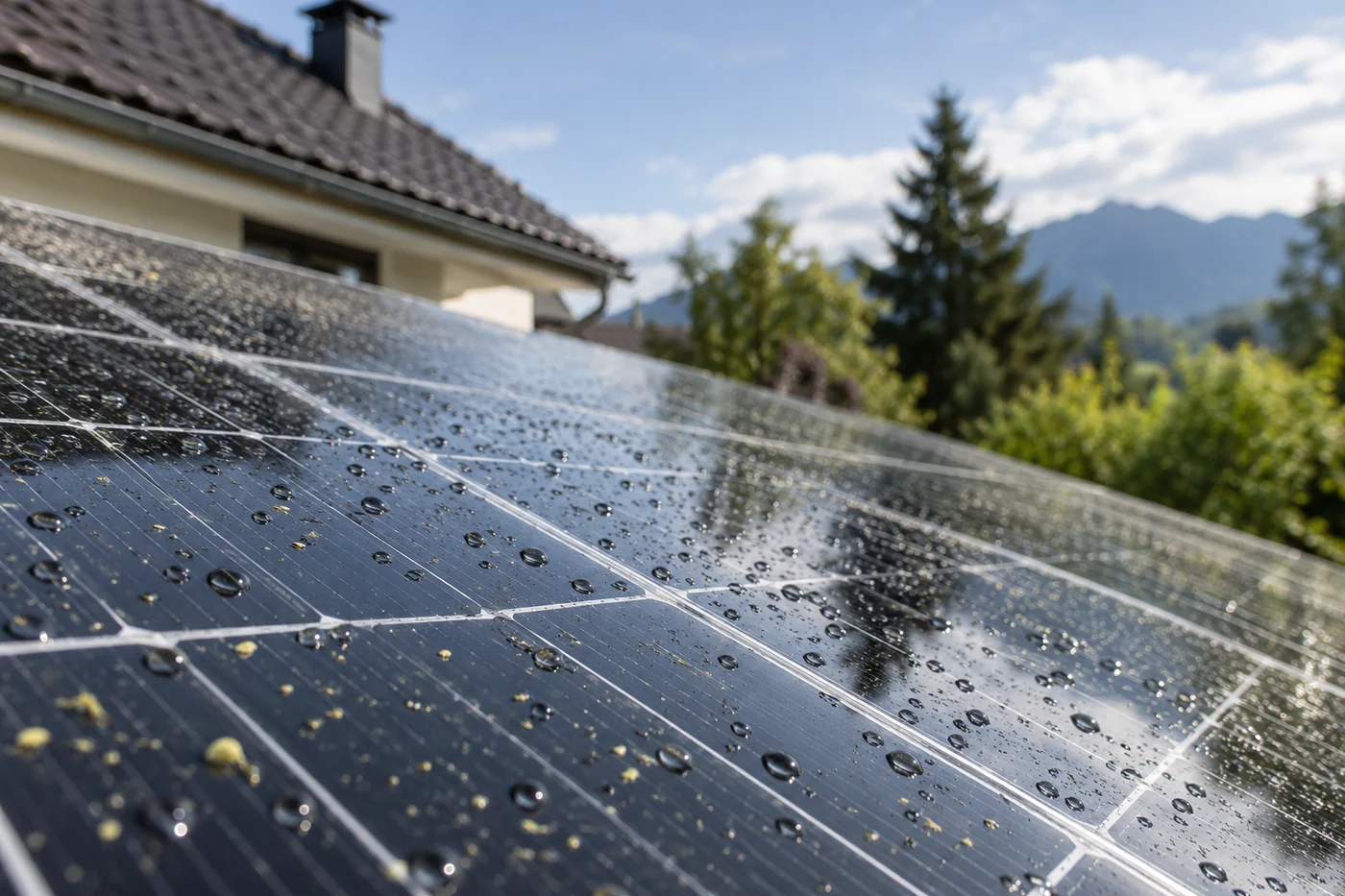 Regentropfen und leichte Pollenablagerungen auf Solarmodulen
