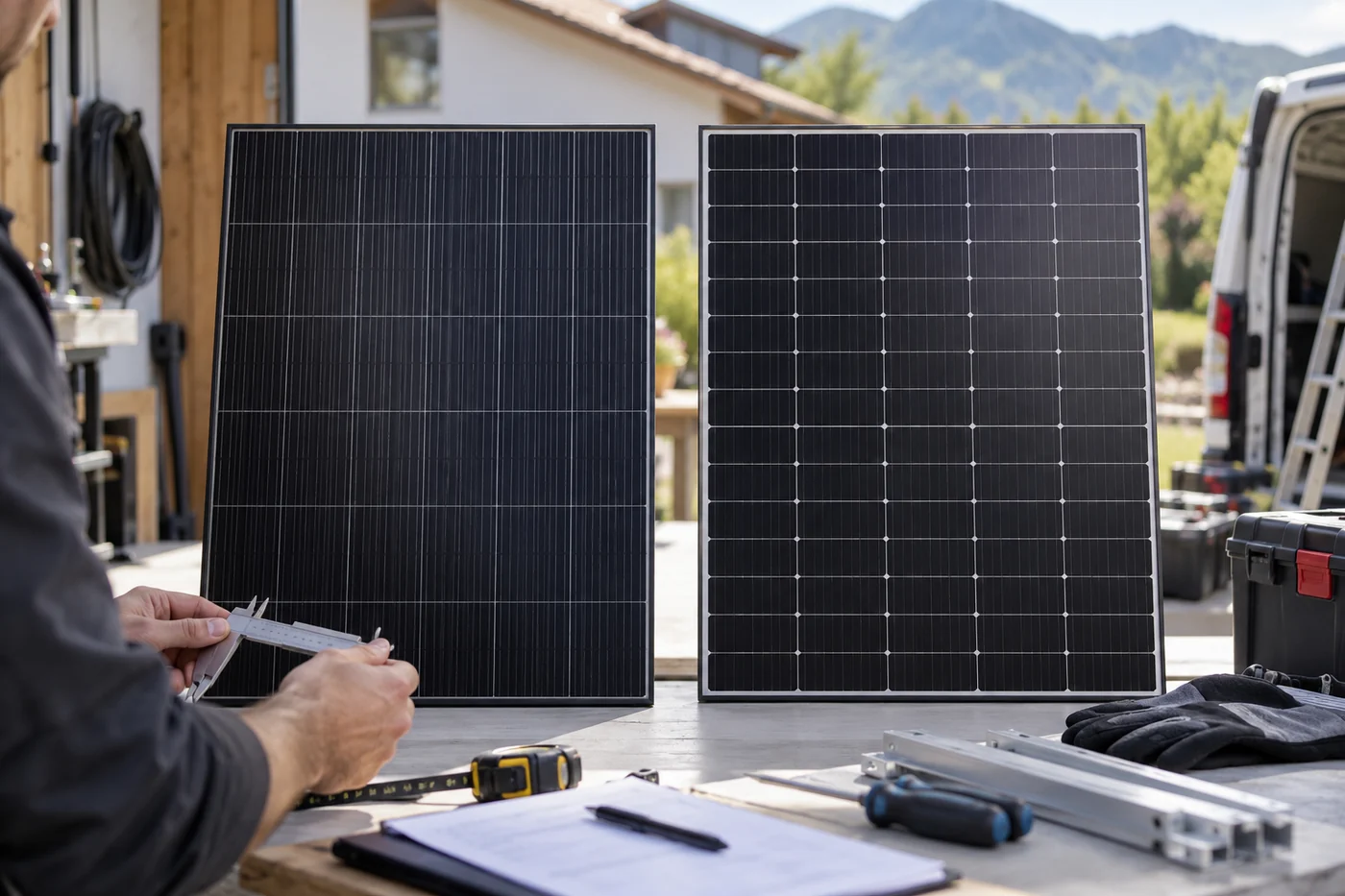 Zwei unmarkierte Solarmodulmuster auf einer Werkbank