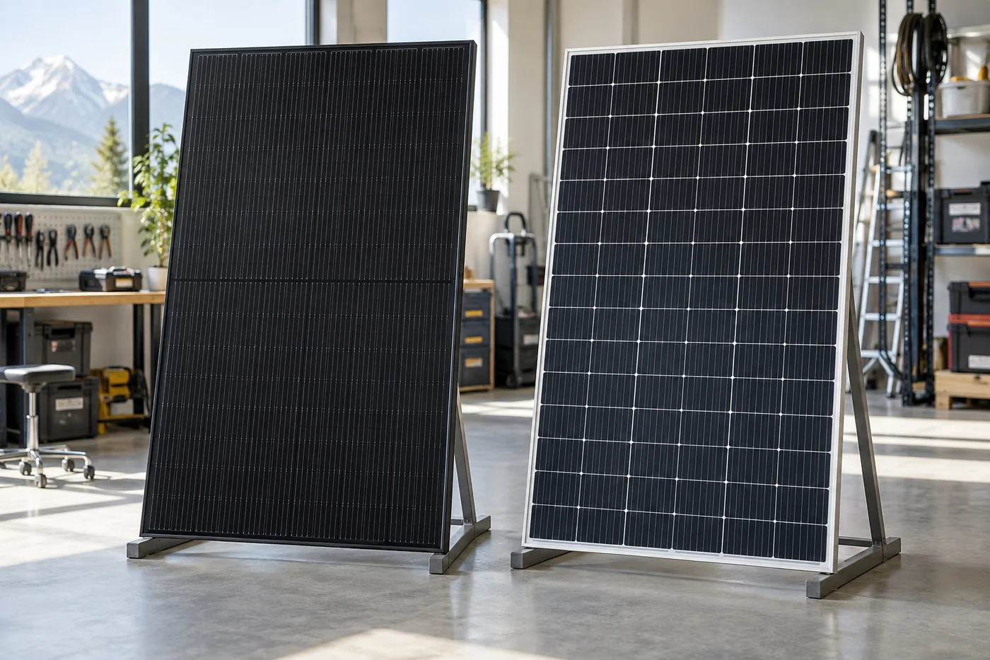 Zwei Solarmodule als unmarkierte Muster in einer hellen Werkstatt