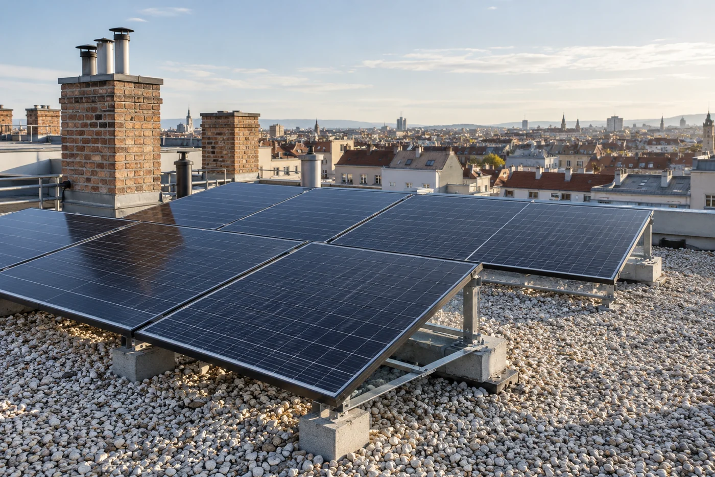 Aufgeständerte Solarmodule auf einem Wiener Flachdach