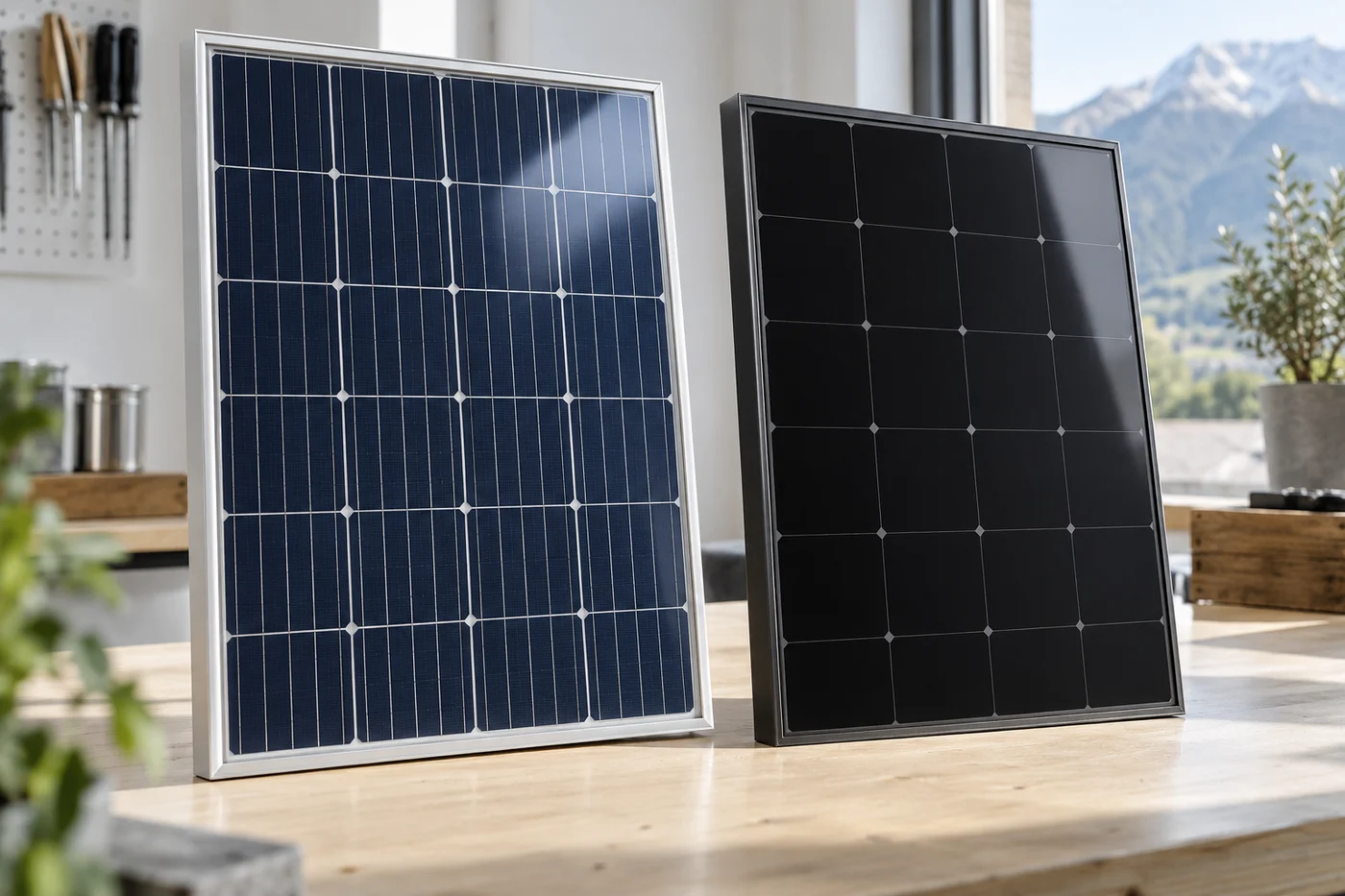 Zwei neutrale Solarmodul-Muster mit sichtbaren Zellkontakten und glatter dunkler Zelloberfläche