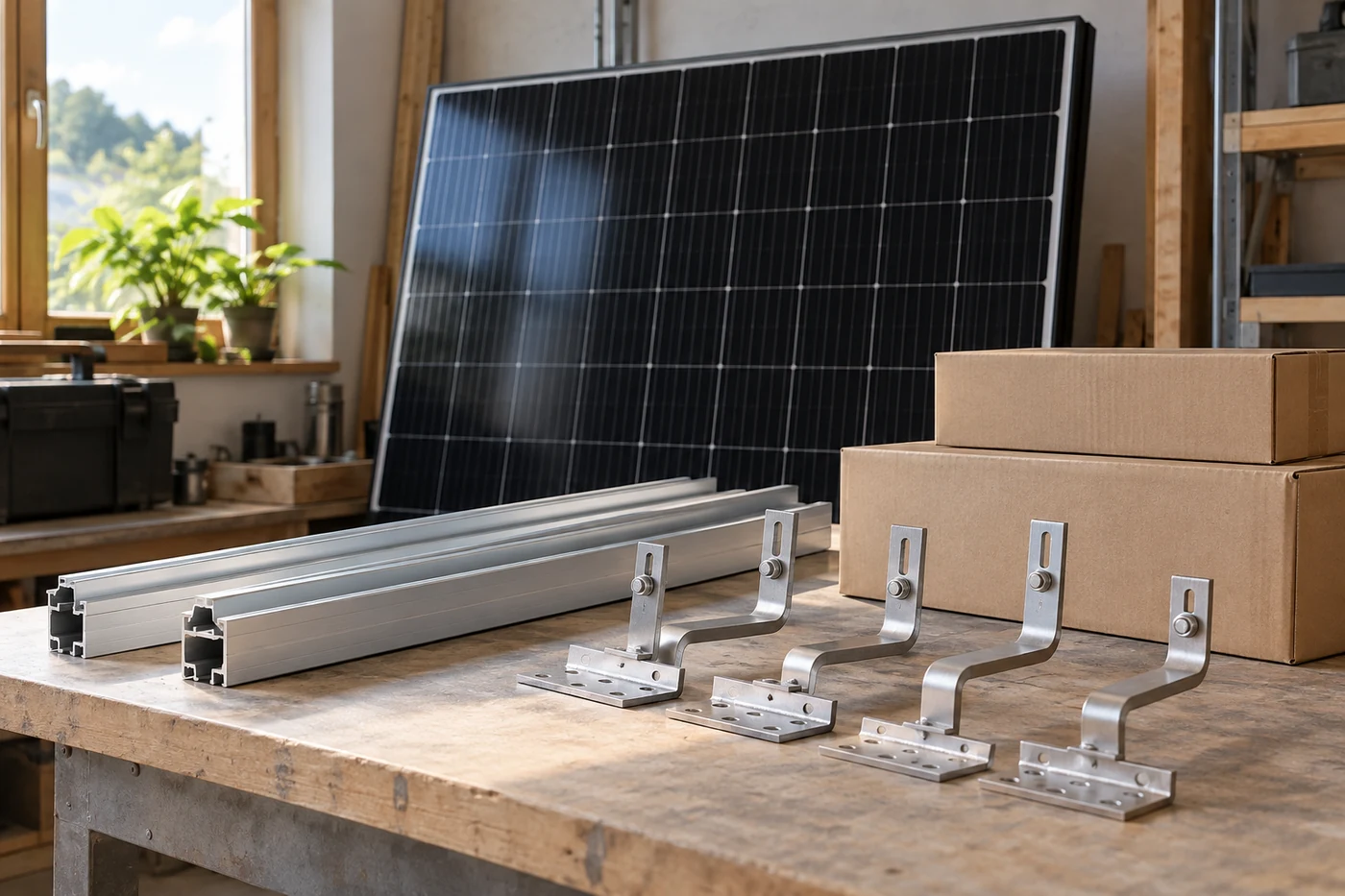 Montageschienen, Dachhaken und geschlossene Kartons für eine Solaranlage auf einer sauberen Werkbank.