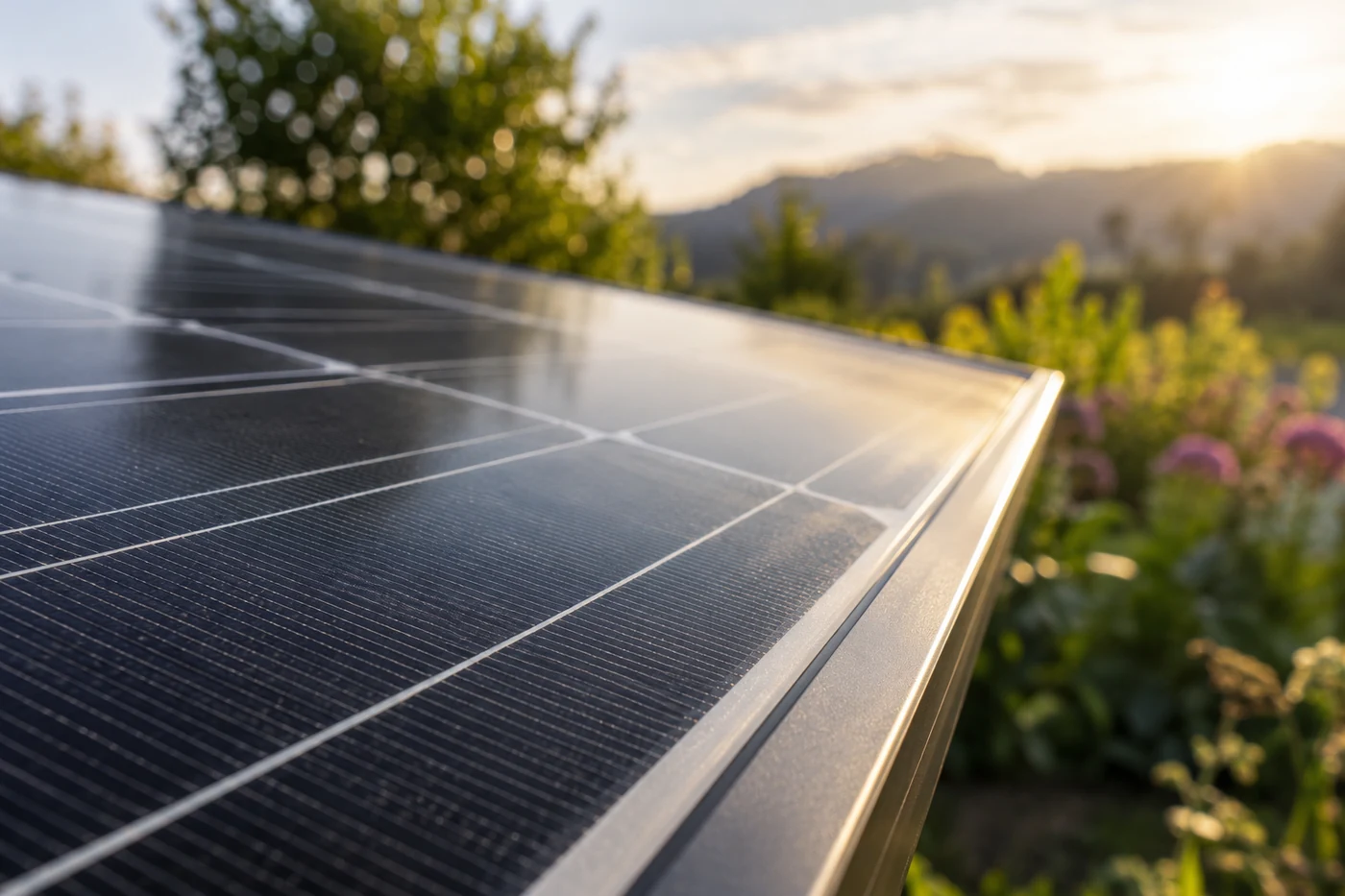 Detail eines schwarzen Solarmoduls mit Glasoberfläche und Aluminiumrahmen.