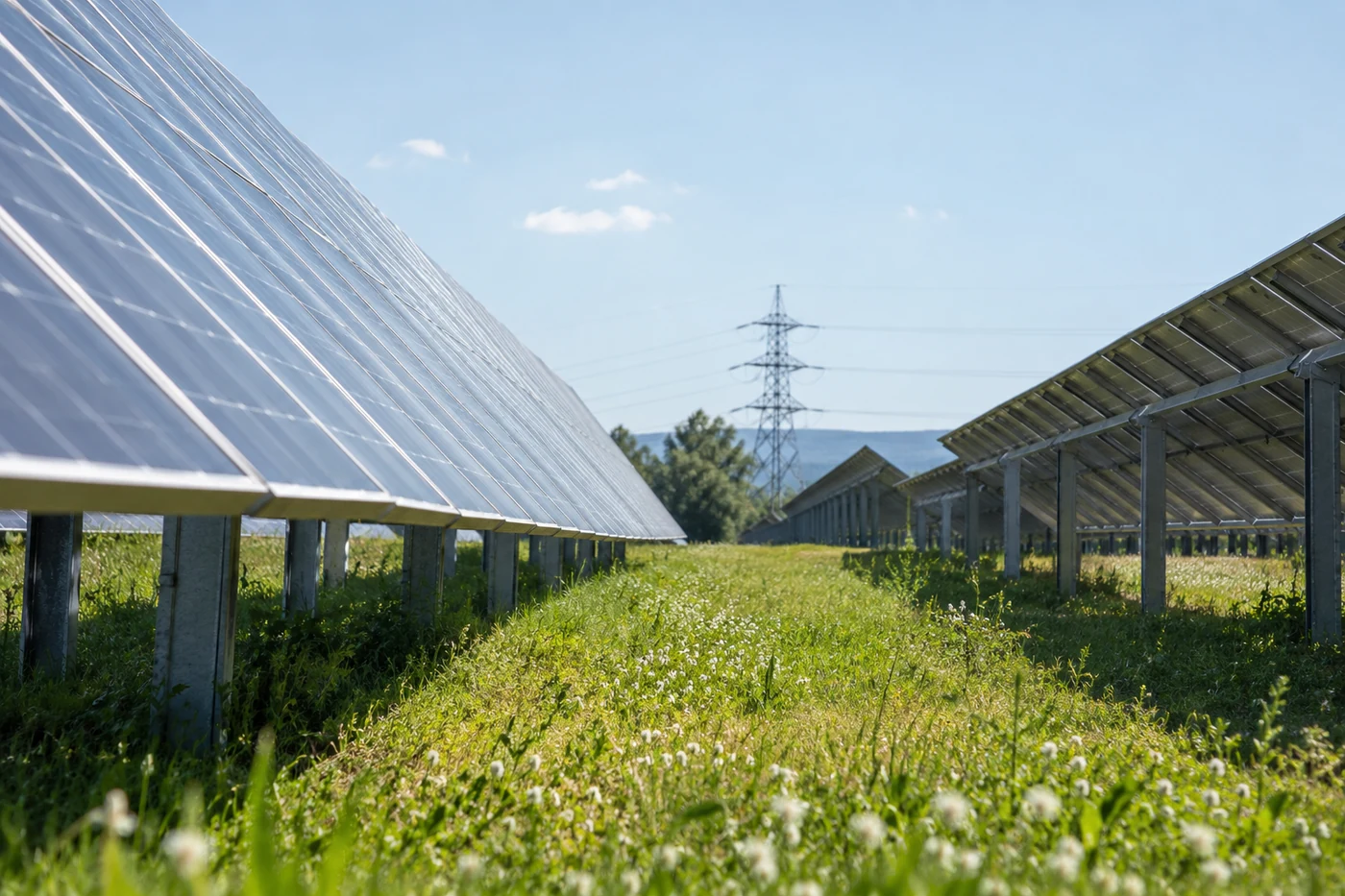 Reihen von Solarmodulen im hellen Mittagslicht mit einer Stromleitung am Horizont.