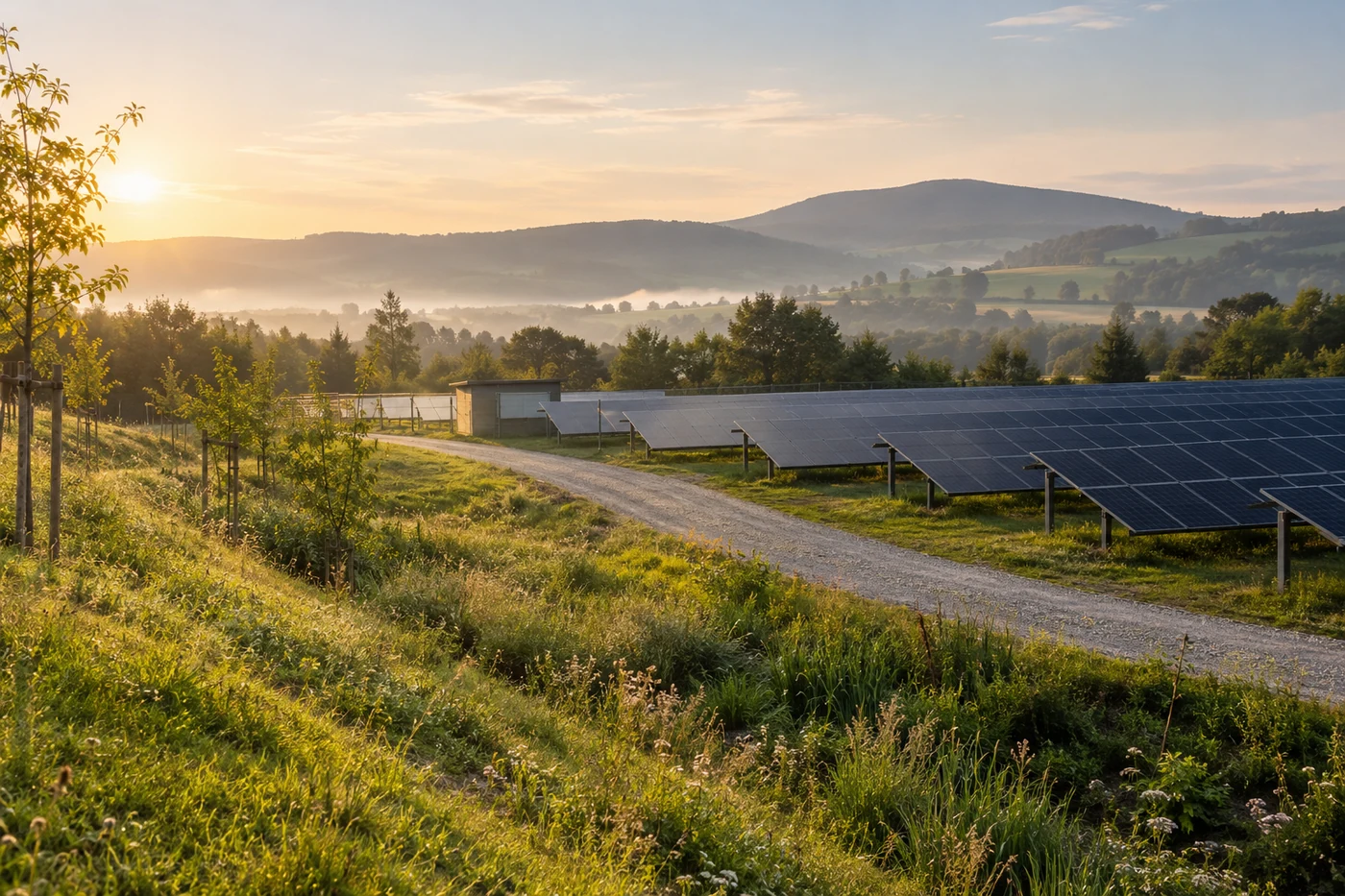Solarmodule neben einer begrünten Mulde, jungen Bäumen und einem geschotterten Betriebsweg.