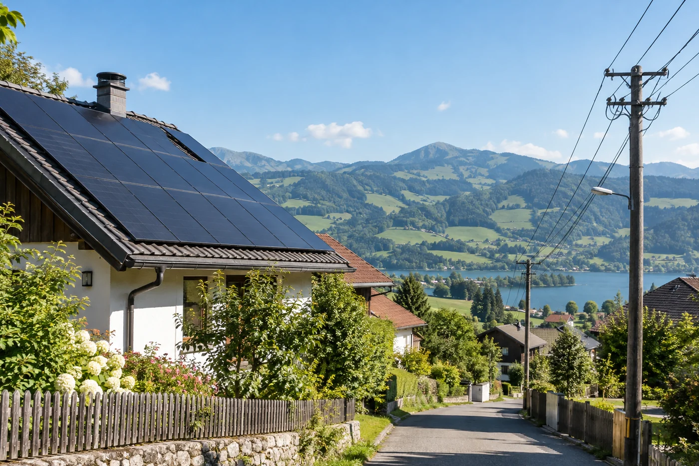 Photovoltaikdach und Stromleitung als Bild für Netzeinspeisung