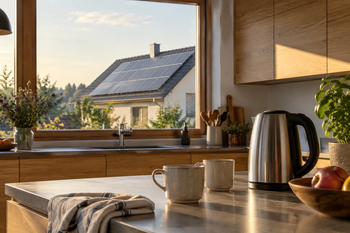 Eine helle Küche mit Blick auf ein Solardach