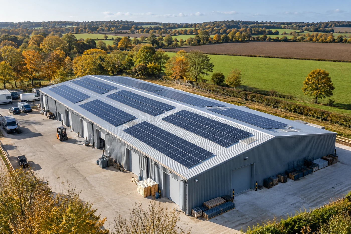Solarmodule auf einem Gewerbedach vor einer ländlichen Landschaft