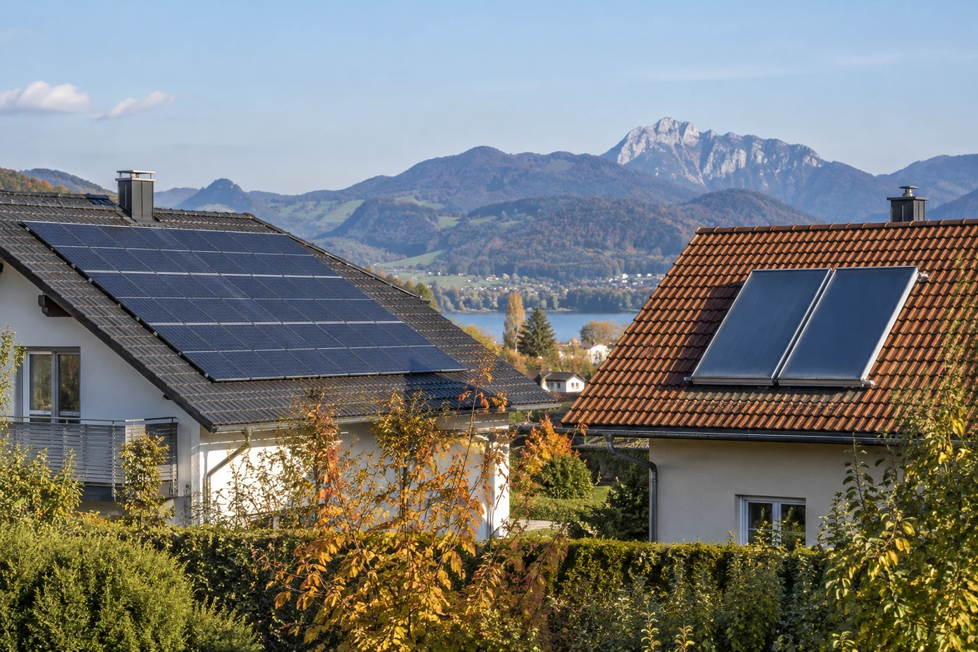 Zwei benachbarte Hausdächer mit Photovoltaikmodulen und Solarthermiekollektoren