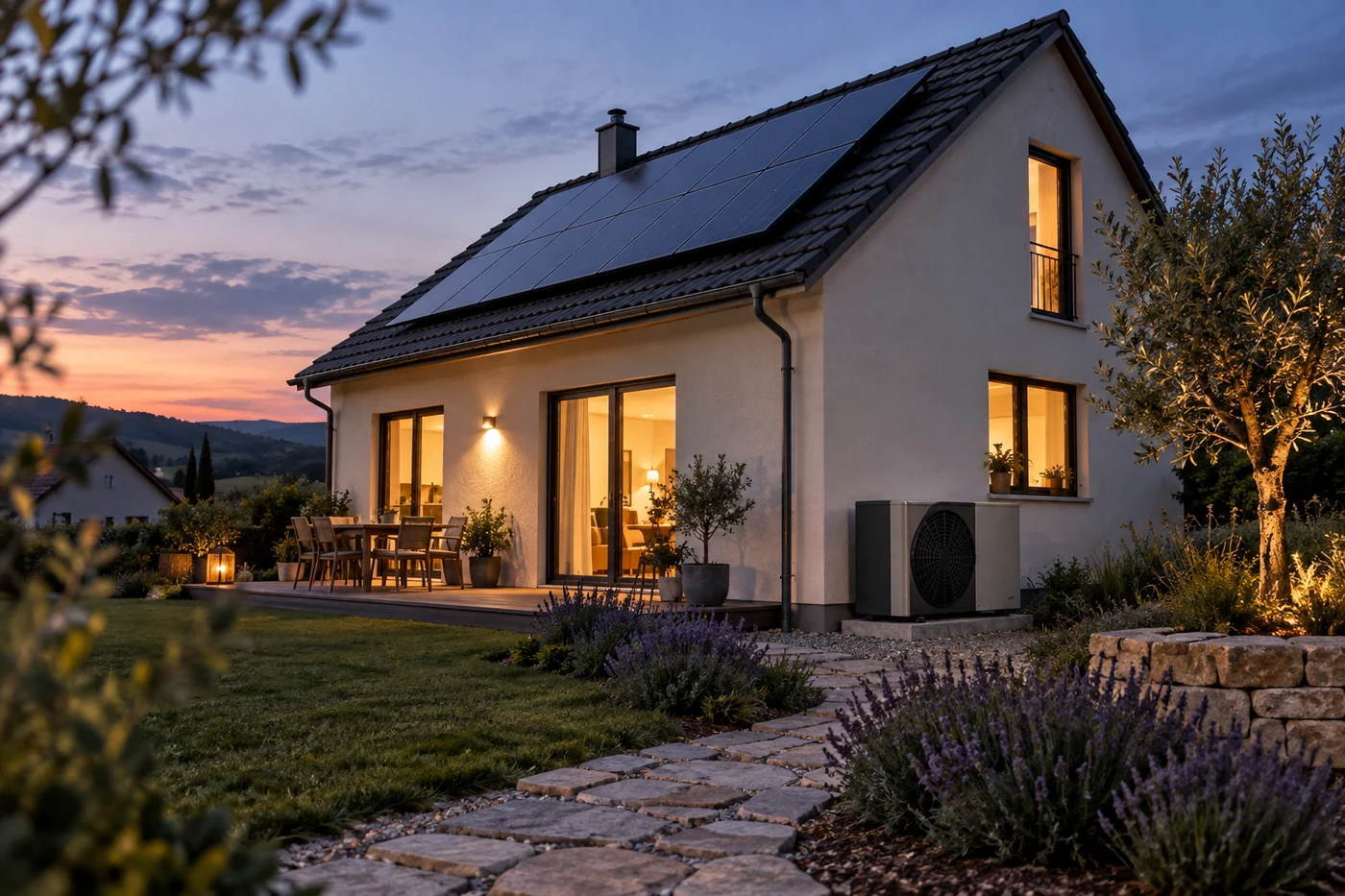 Wohnhaus mit Solarmodulen und einer Wärmepumpe im Garten