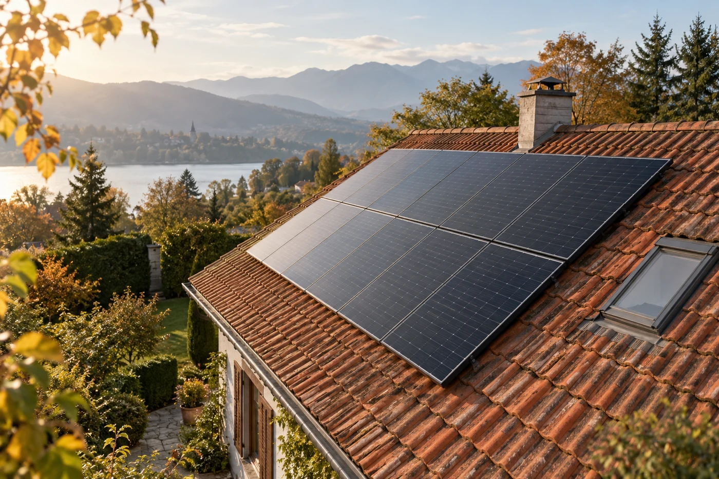 Dunkle Solarmodule auf einem Ziegeldach mit sichtbarer Verwitterung der Dachziegel.