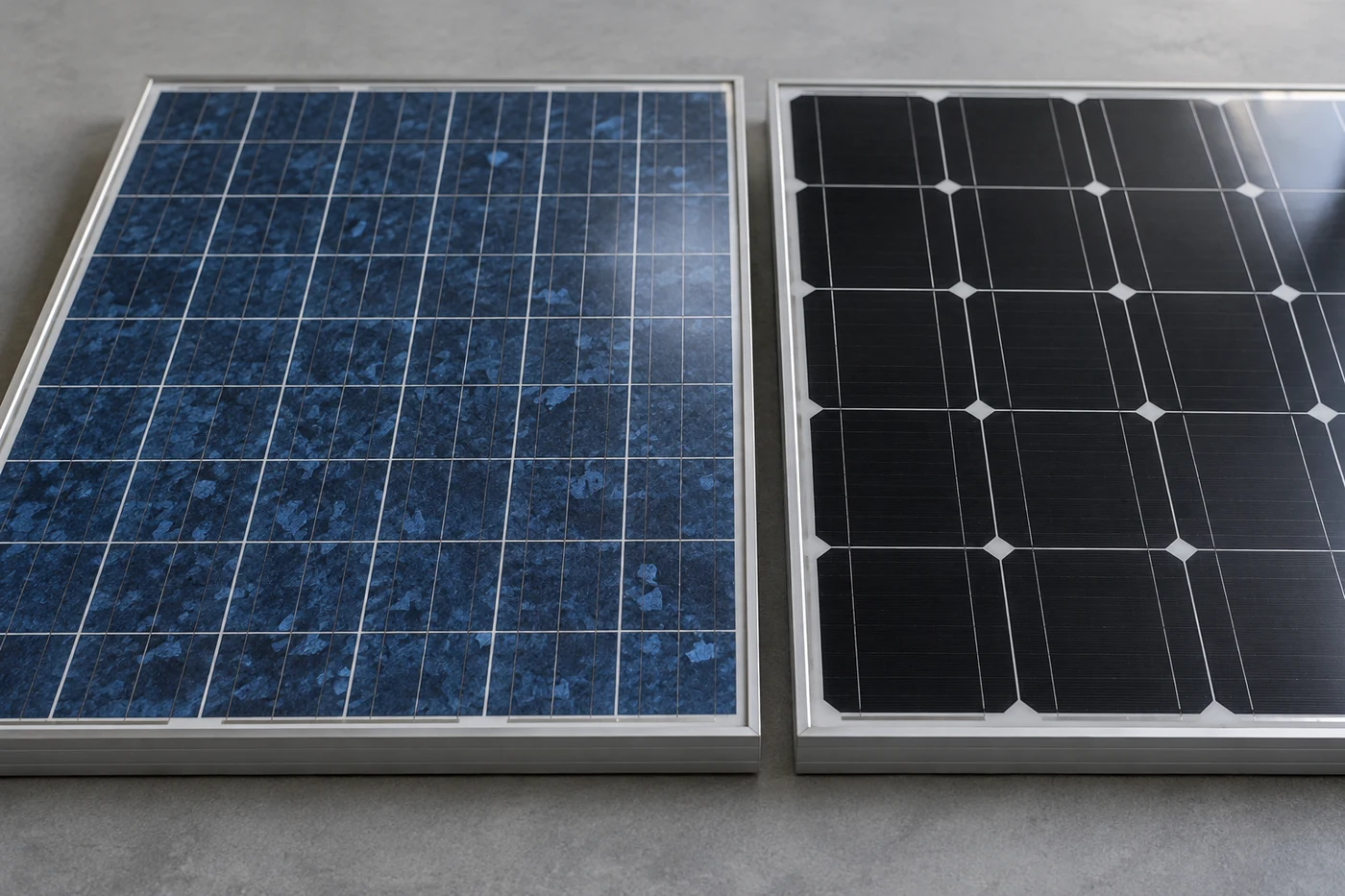 Zwei kleine Solarmodulmuster mit blauer körniger und schwarzer gleichmäßiger Zelloberfläche.