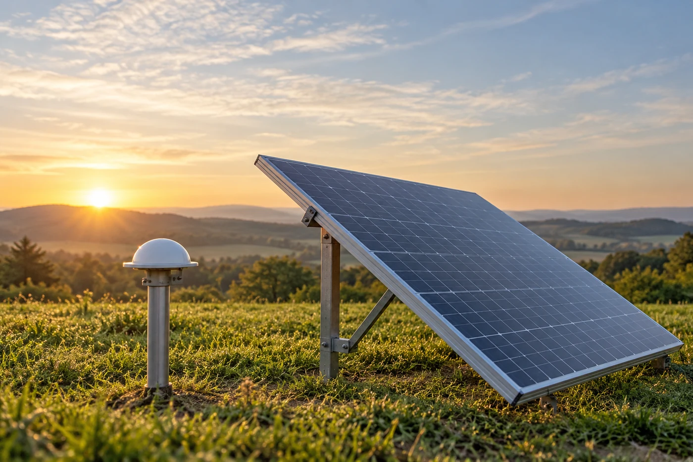 Kleines Messgerät neben Solarmodulen auf einer sonnigen Wiese