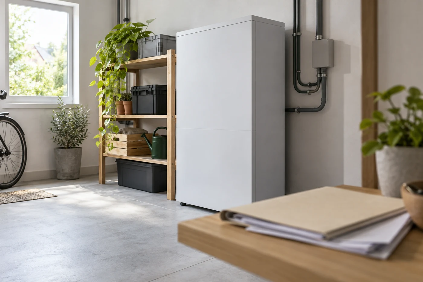 Weißer Batterieschrank neben einer Projektmappe auf einem Tisch.