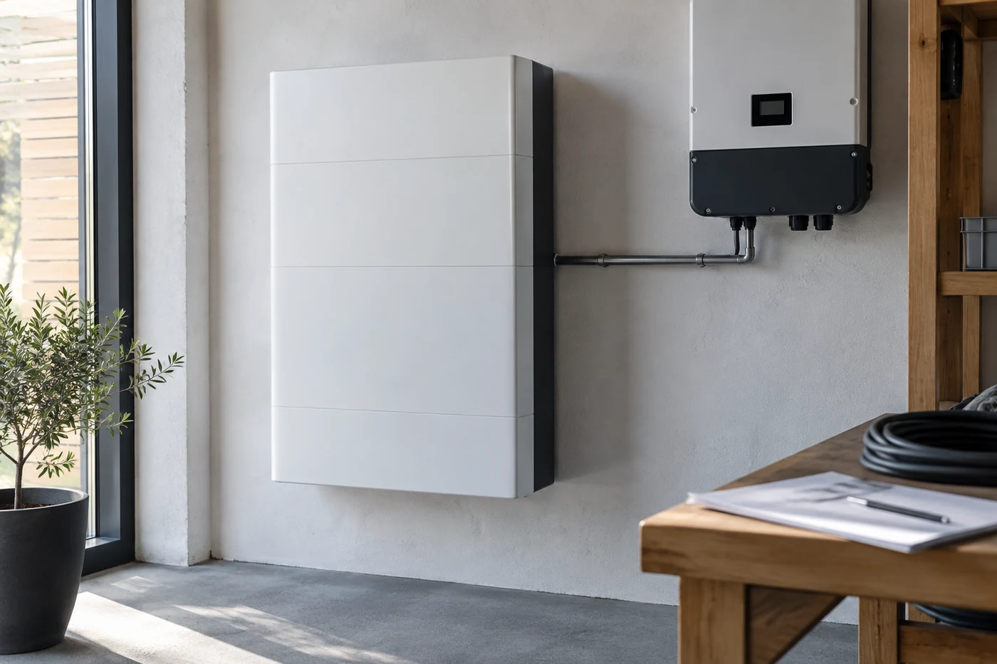 Batteriespeicher und Unterlagen auf einer Werkbank
