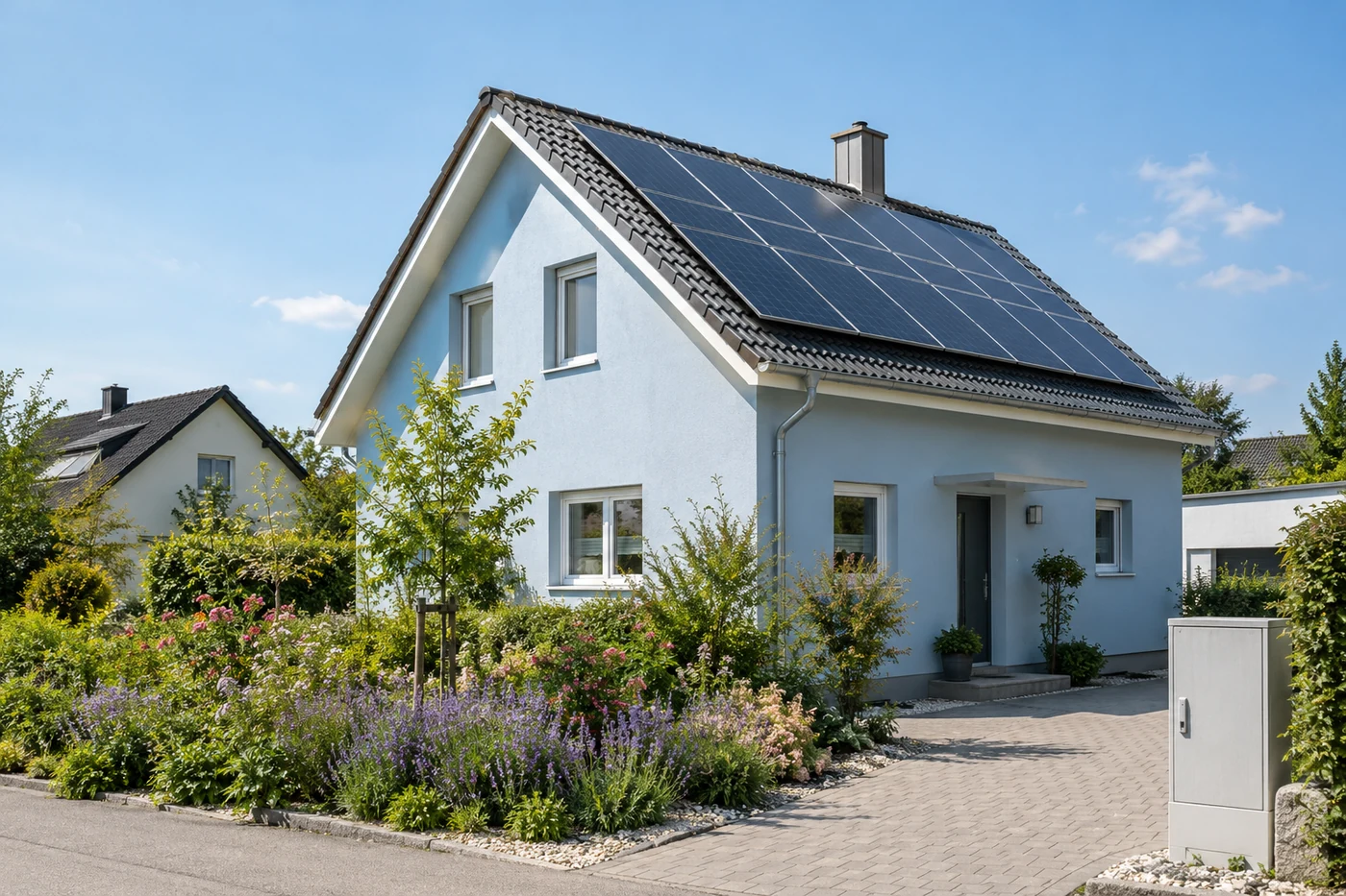 Giebelhaus mit Photovoltaikdach und Garten in einem Wohngebiet