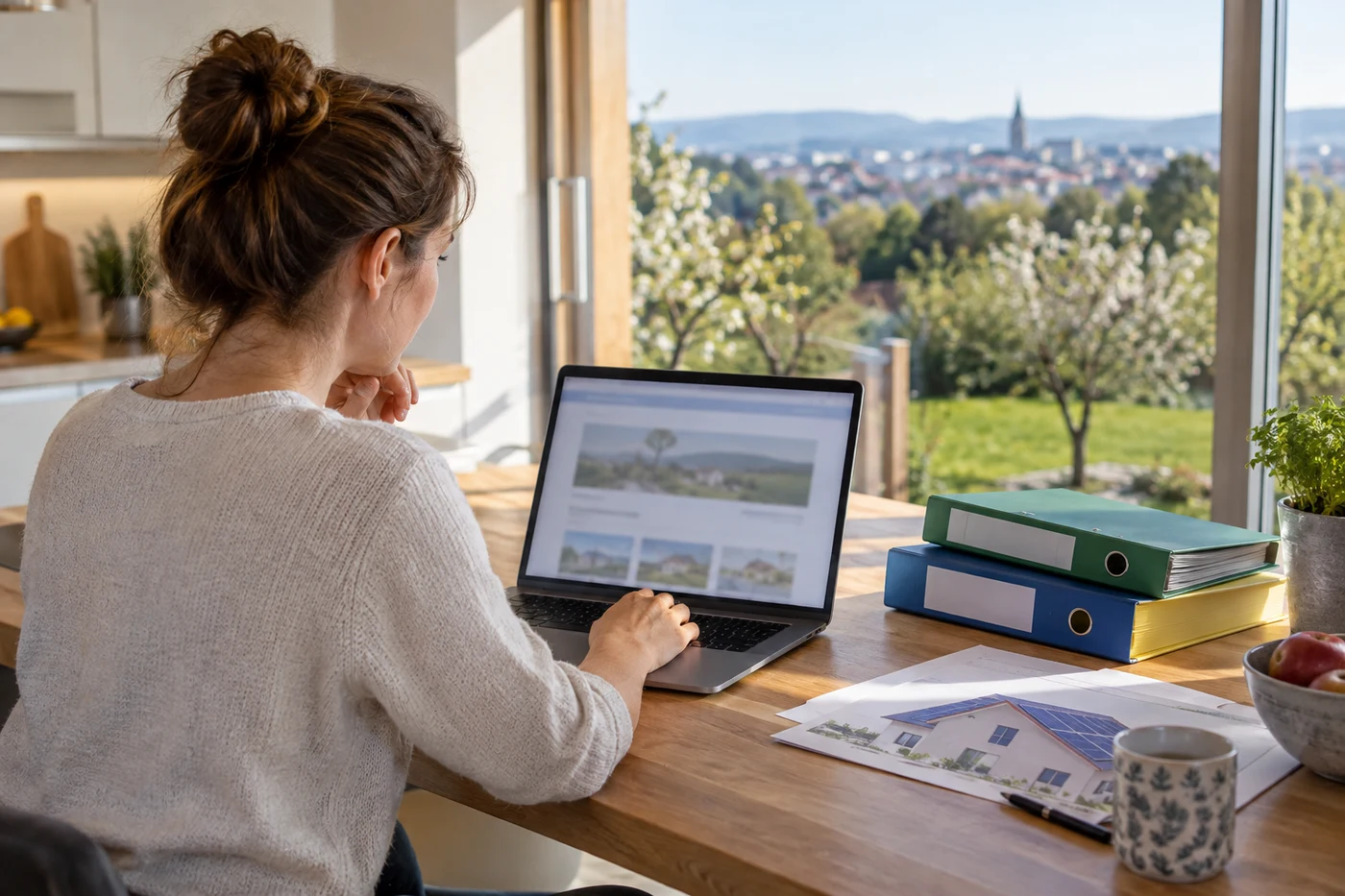 Person arbeitet am Laptop neben Projektmappen und einem Foto eines Solardachs