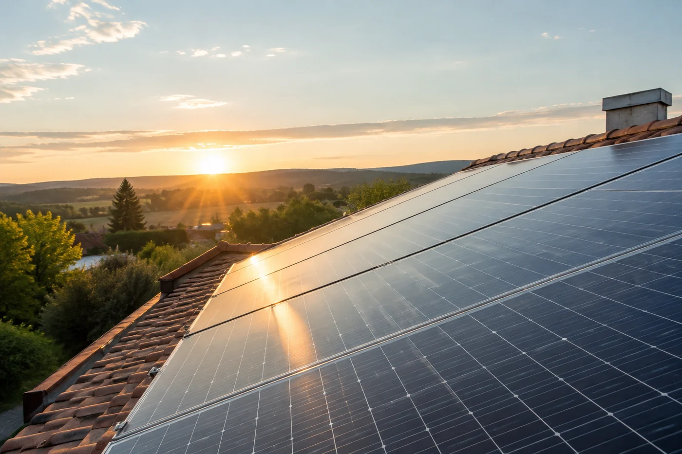 Solarmodule auf einem Dach im morgendlichen Sonnenlicht