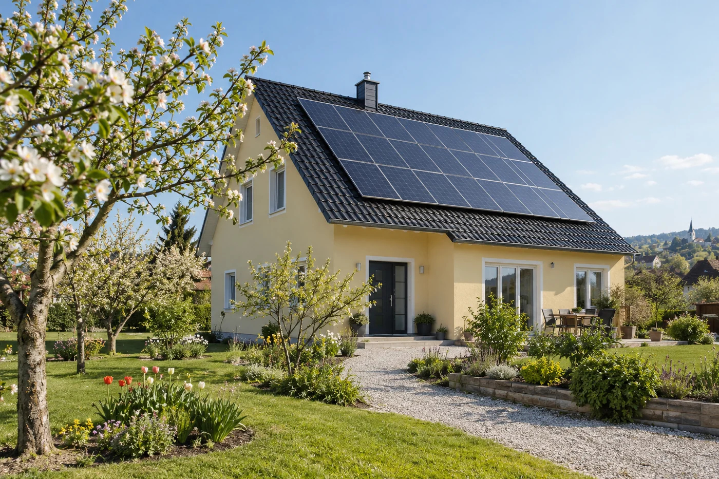 Einfamilienhaus mit Solarmodulen und Obstgarten