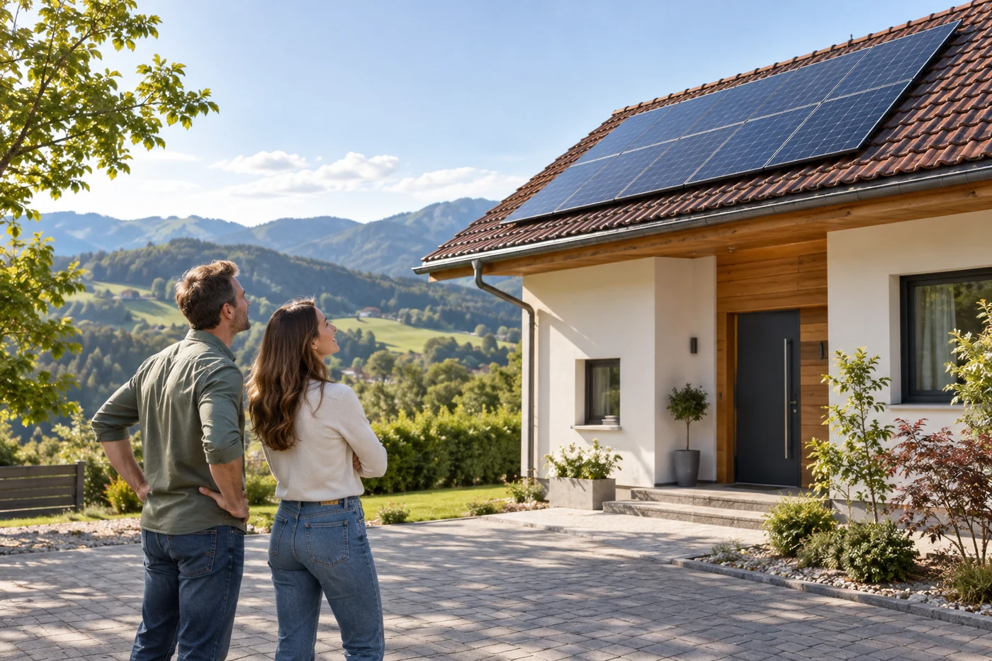 Zwei Erwachsene betrachten ein Hausdach mit Solarmodulen von der Zufahrt aus