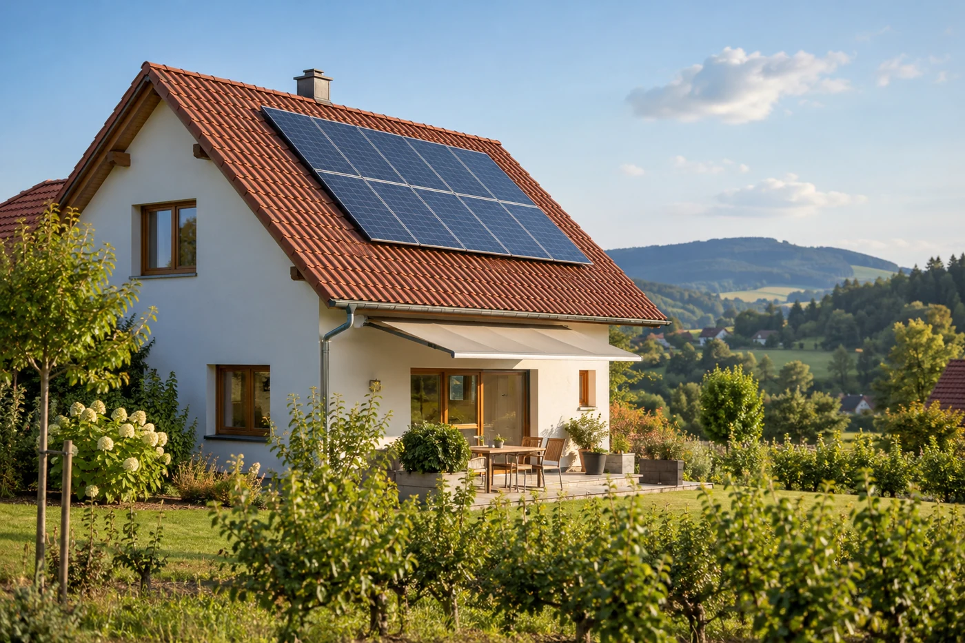 Solardach an einem ländlichen Haus neben einem Obstgarten