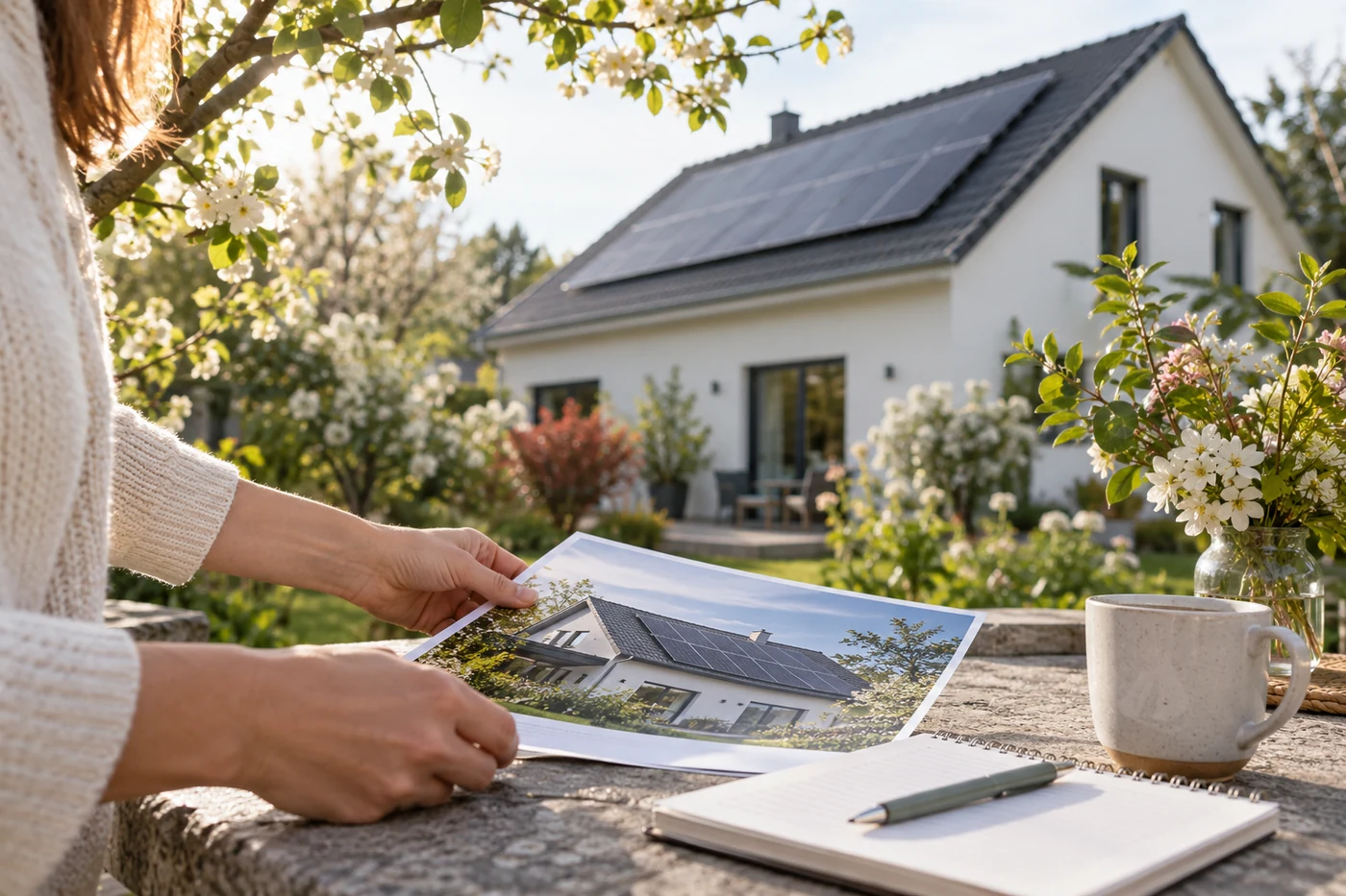 Dachfoto und Projektunterlagen auf einem Gartentisch