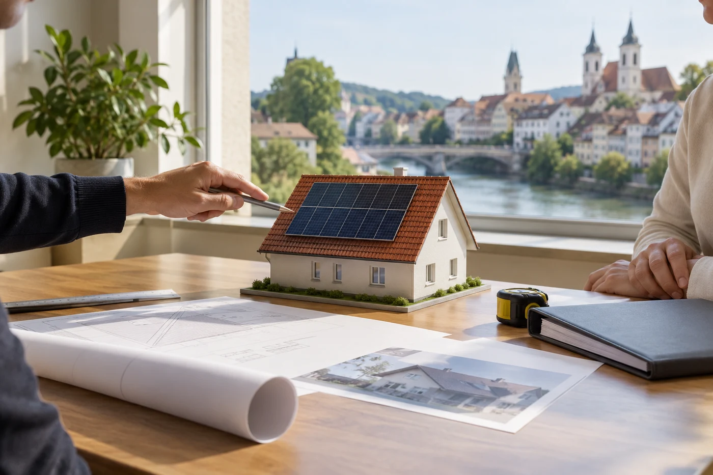 Dachmodell mit Solarmodulen auf einem Beratungstisch neben einer Mappe