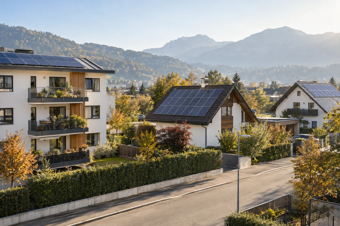 Wohnquartier mit Solarmodulen auf mehreren Dächern