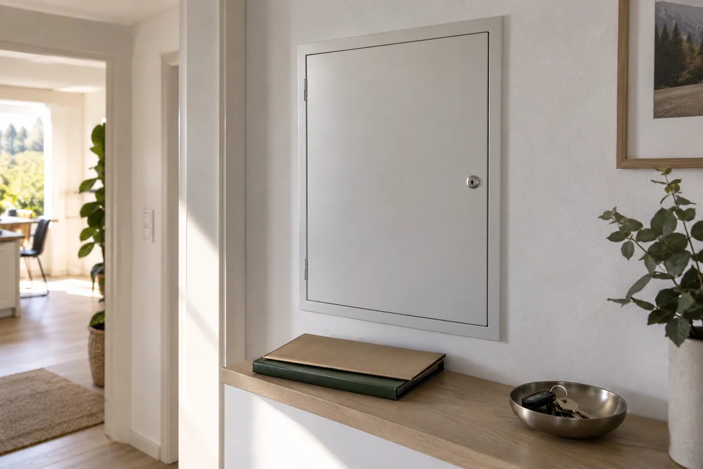 Geschlossener Zählerschrank neben einer Ablage mit unbeschrifteten Haushaltsunterlagen.