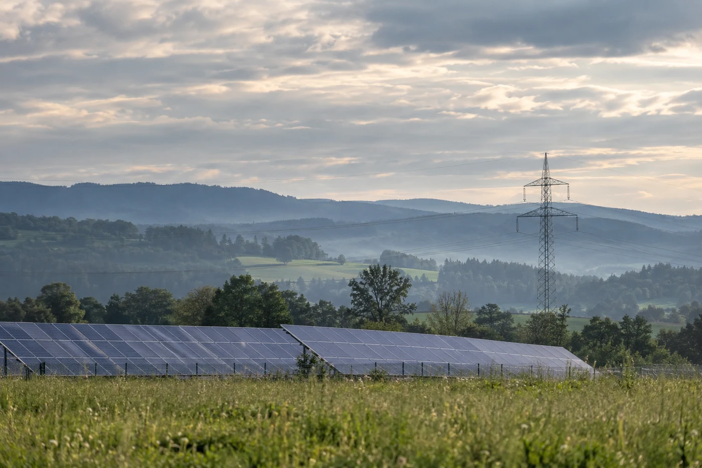 Eine Stromleitung verläuft hinter einem Feld mit Solarmodulen und einem begrünten Randstreifen.